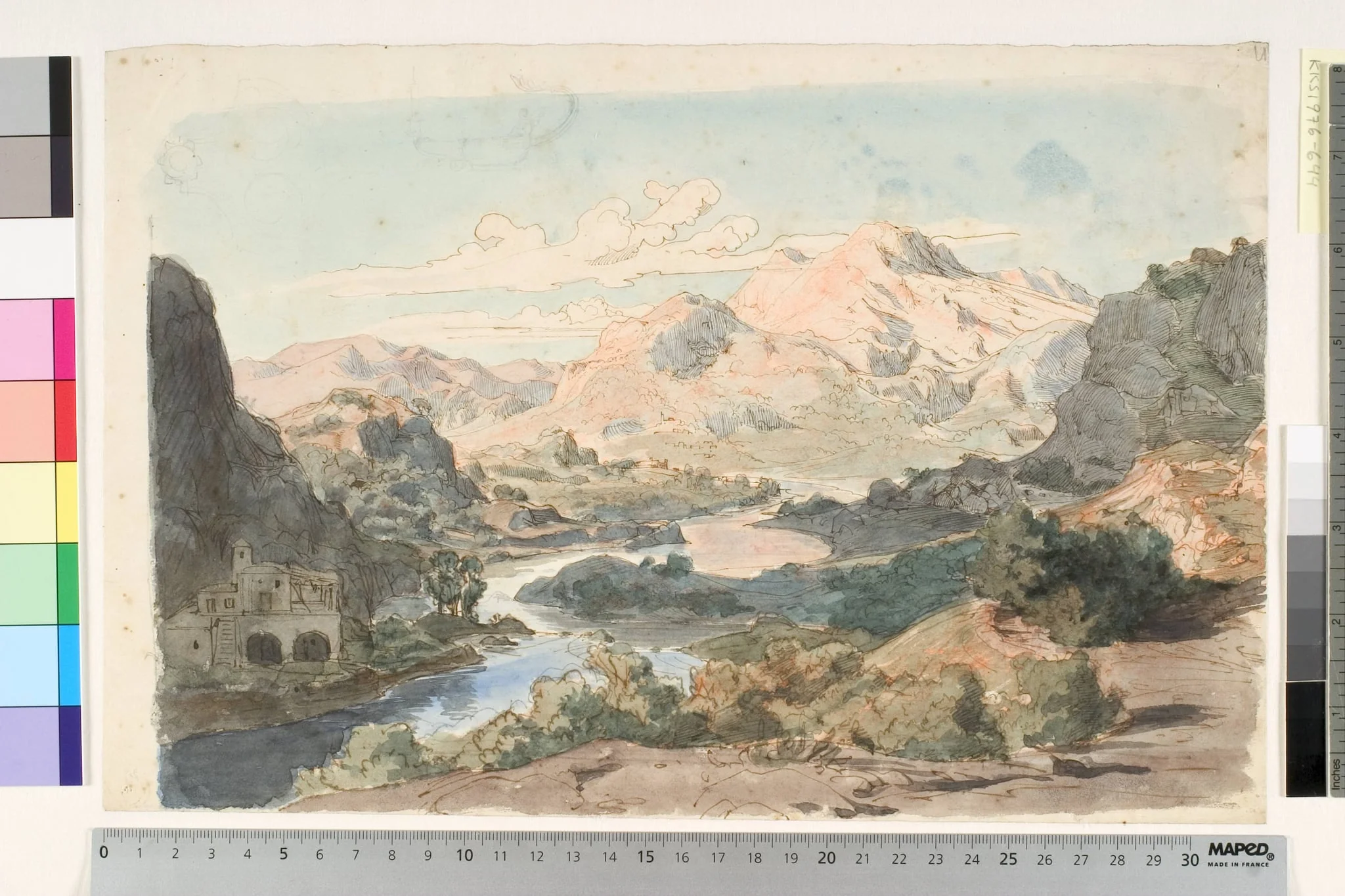 Italian Mountain Scene with River and a Building to the left, by Unknown, unspecified, 1849
