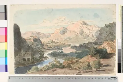 Italian Mountain Scene with River and a Building to the left