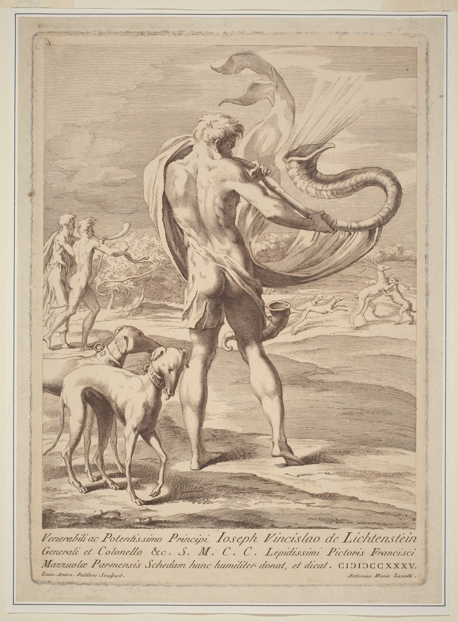 Nude Man Blowing a Conch, by Giovanni Antonio Faldoni, ink, 1735