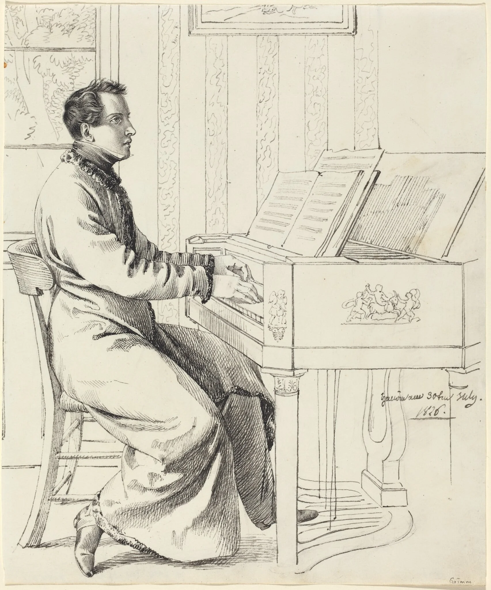The Artist's Brother-in-Law, Ludwig Hassenpflug, Preparing to Play the Piano, by Ludwig Emil Grimm, ink, 1826