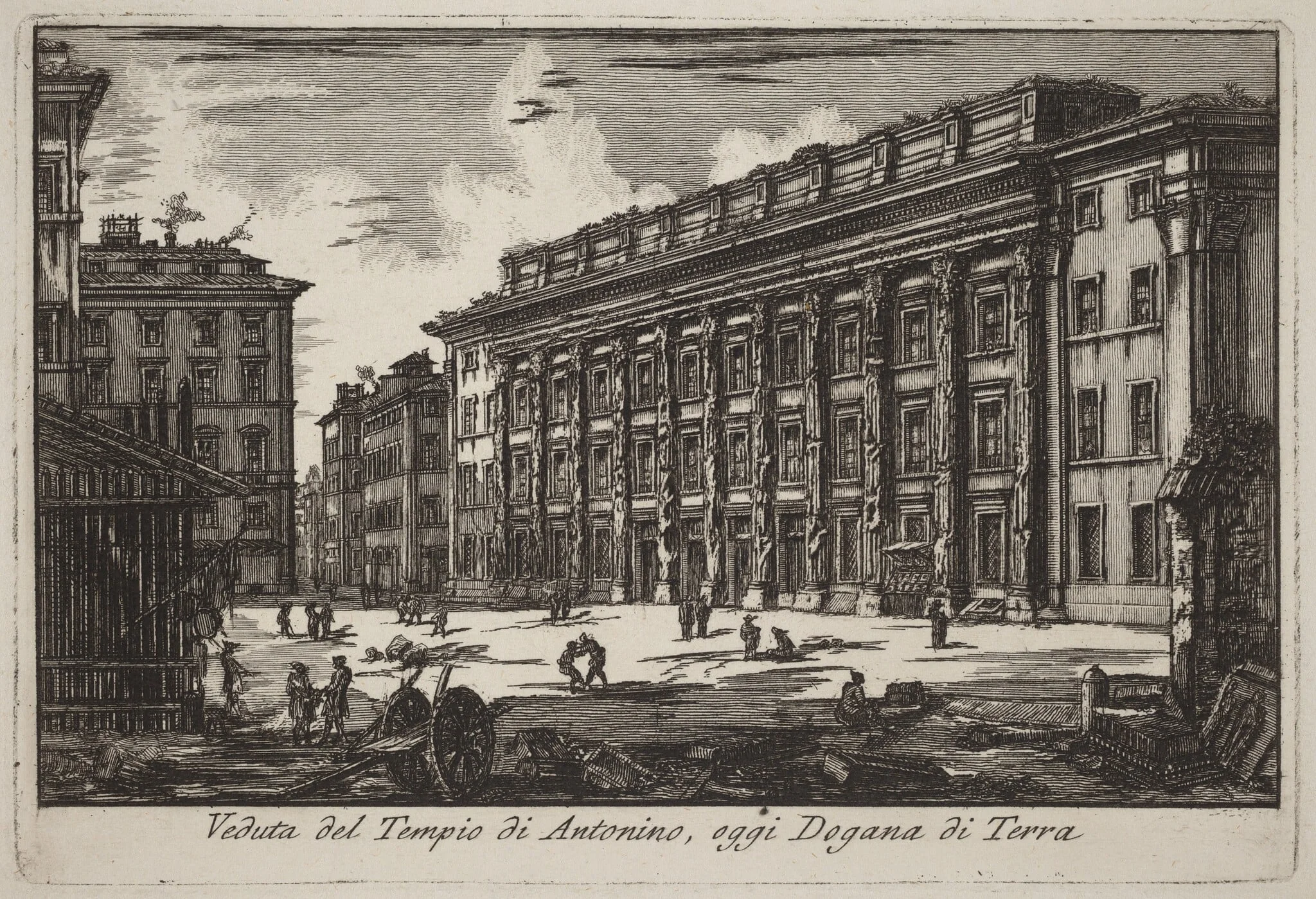 Veduta del Tempio di Antonino, oggi Dogana di Terra (View of the Temple of Antoninus, now the Land Customs Office), by Laura Piranesi, ink, 1784