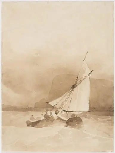 A sailing-vessel and a rowing-boat in rough seas off Beachy Head