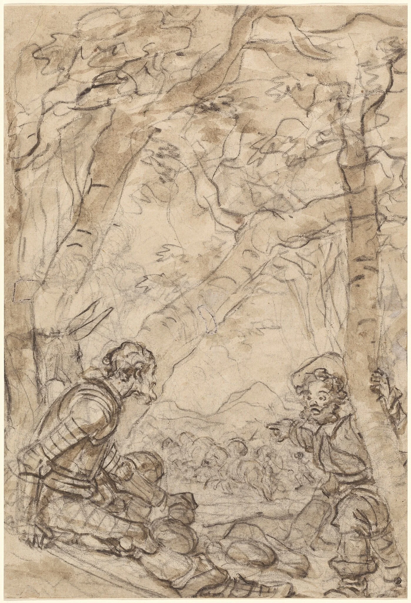 Don Quixote and Sancho Panza Witness the Attack on Rocinante, by Jean Honoré Fragonard, chalk, 1784