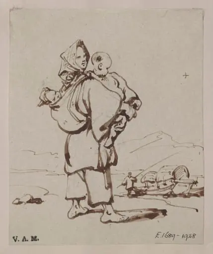 A boatwoman holding two children