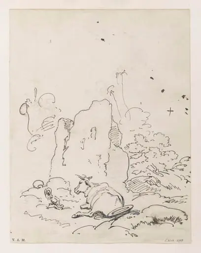 A cow beside a ruined building