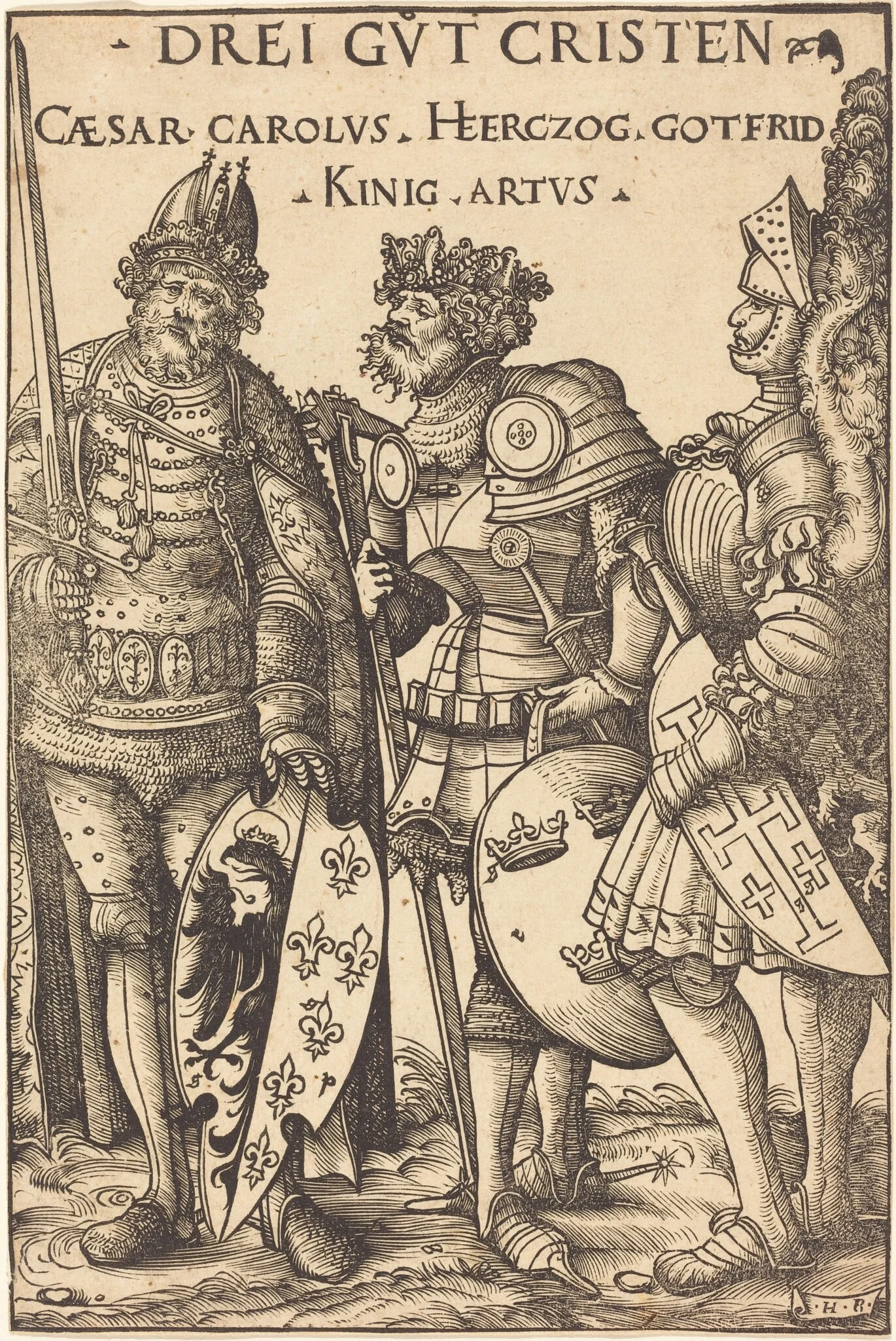 Charlemagne, Arthur and Godfrey, by Hans Burgkmair the Elder, ink, 1516