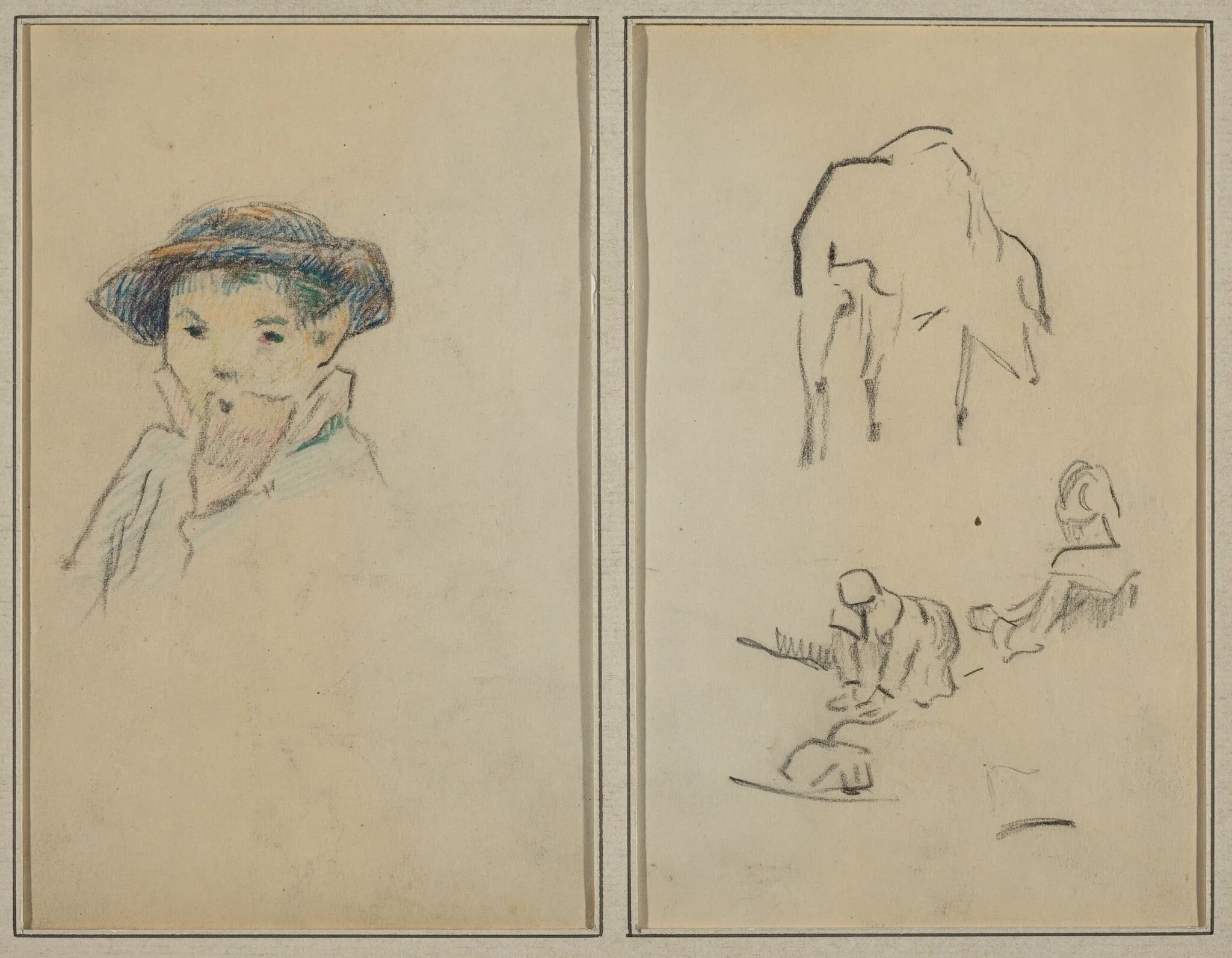Little Breton Boy; A Pig and a Washerwoman [recto], by Paul Gauguin, crayon, 1886