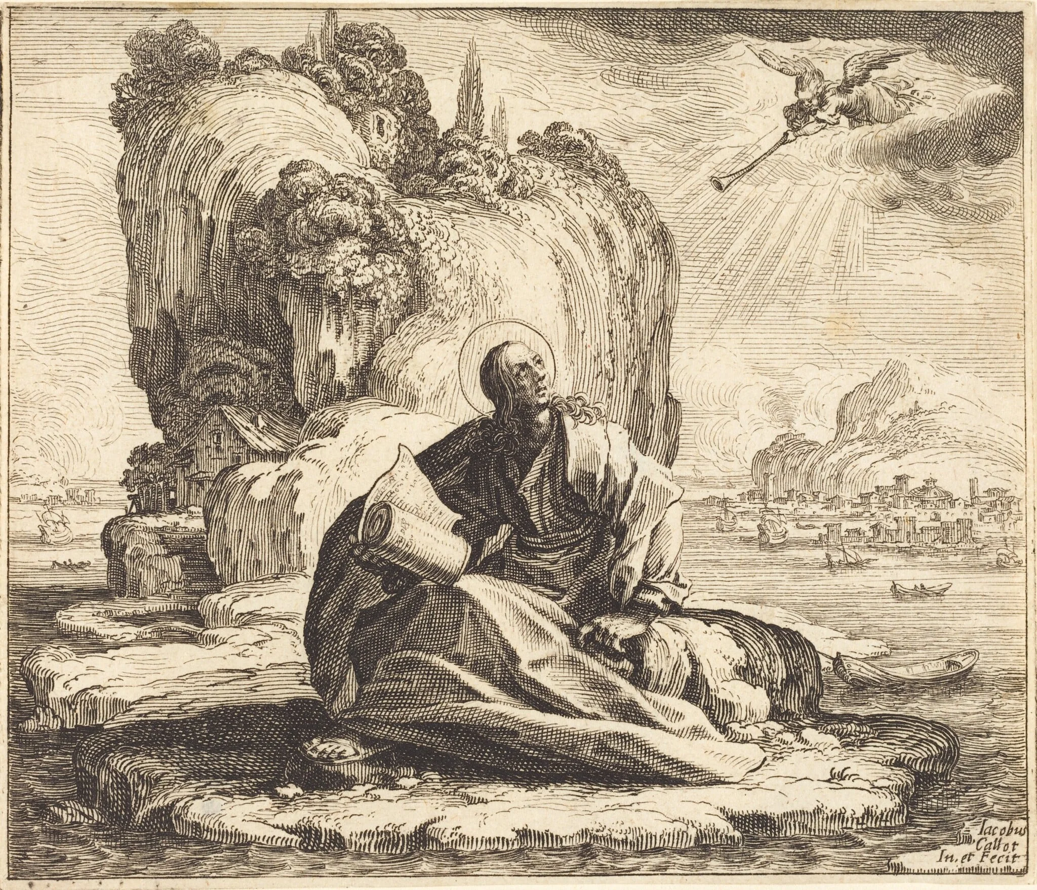 Saint John on the Isle of Patmos, by Jacques Callot, ink, 1625