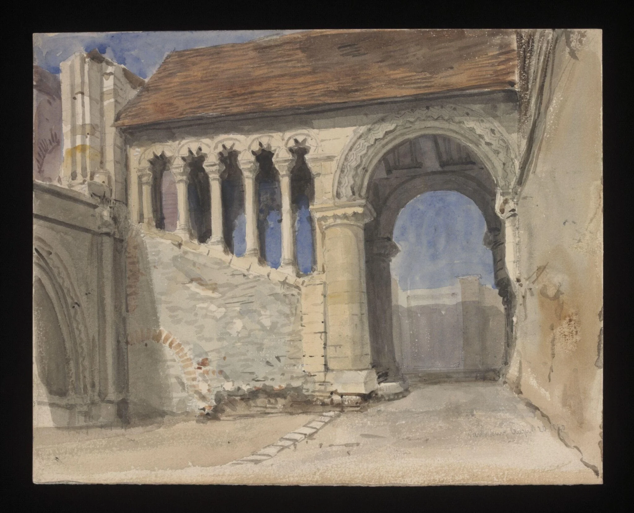 Watercolour drawing by the Grieve family, probably by Thomas Grieve, showing a Norman building at Canterbury