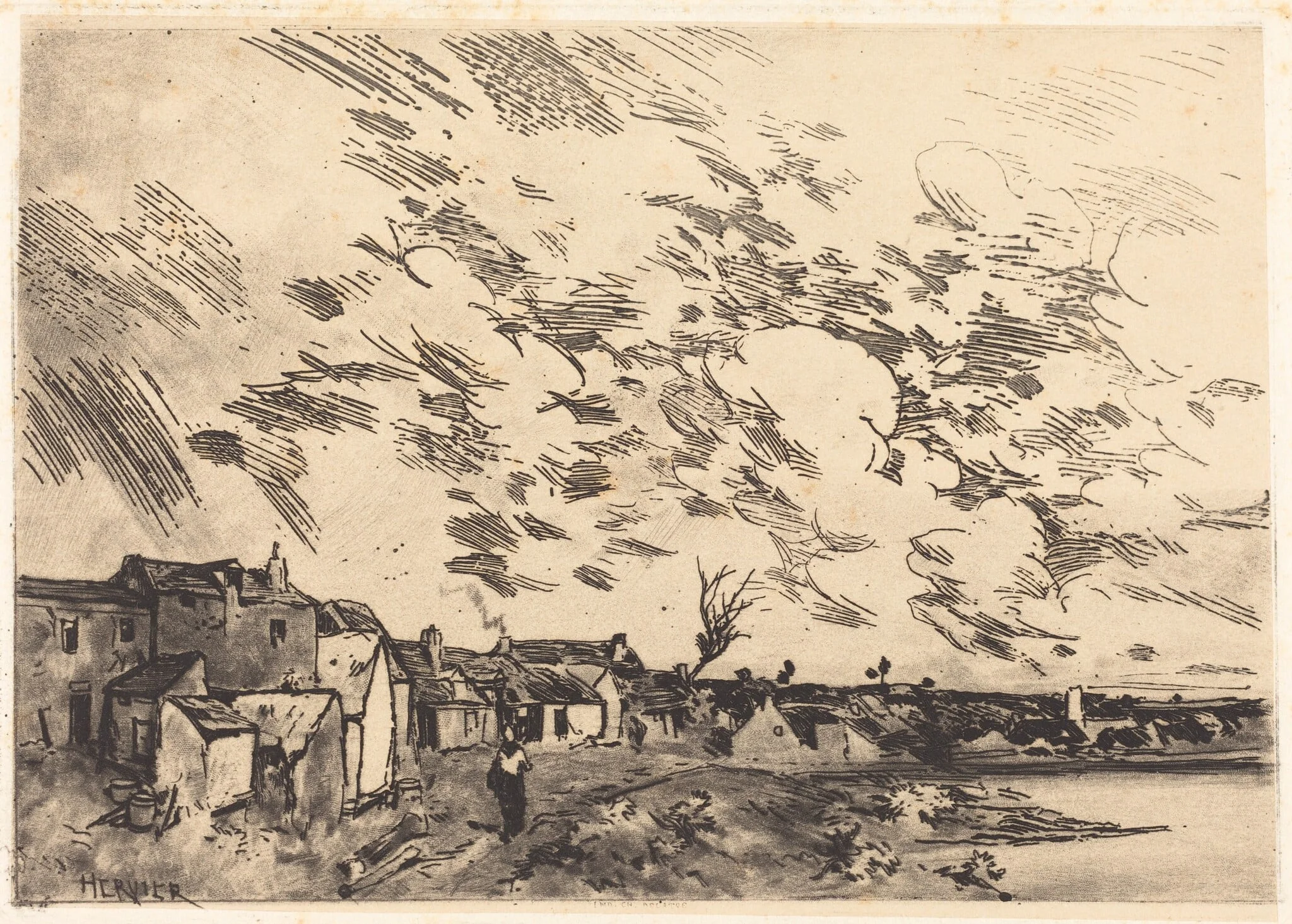 Village sur le bord d'une Riviere, by Adolphe Hervier, ink, 1875