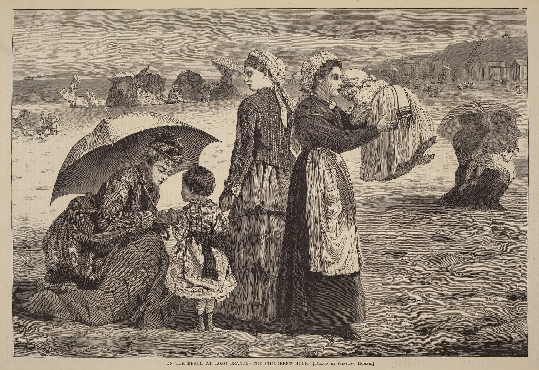 On the Beach at Long Branch - The Children's Hour, by James L. Langridge, ink, 1874