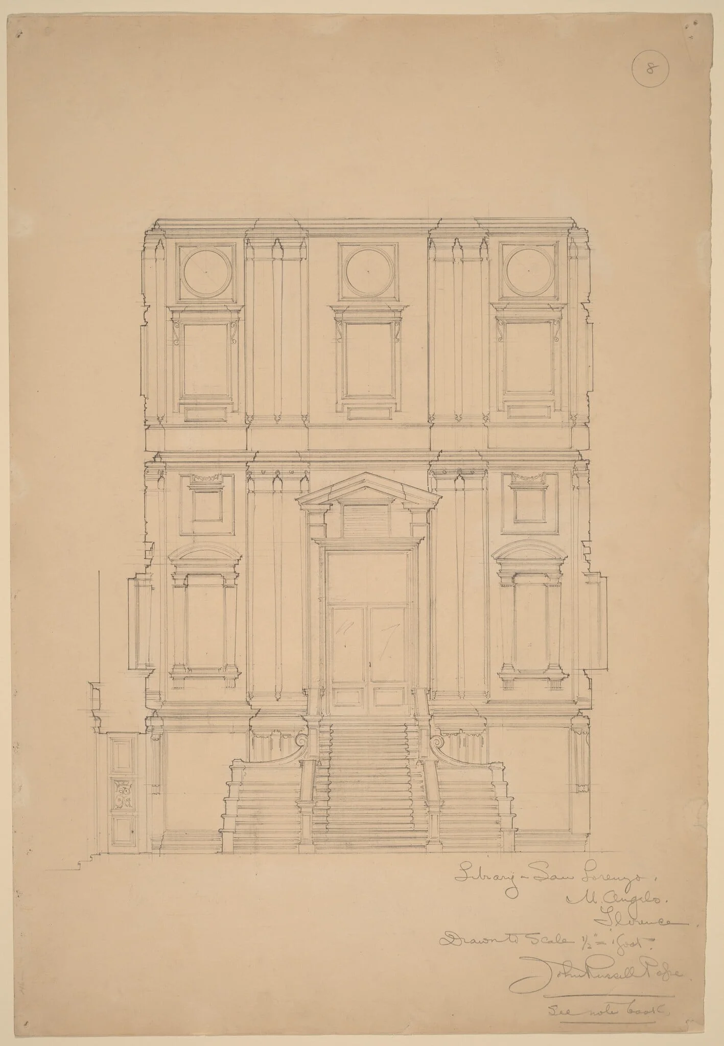 Library, San Lorenzo, by John Russell Pope, graphite, 1896