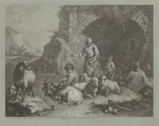 Woman, Shepherd Boys, and  Sheep near an Arch