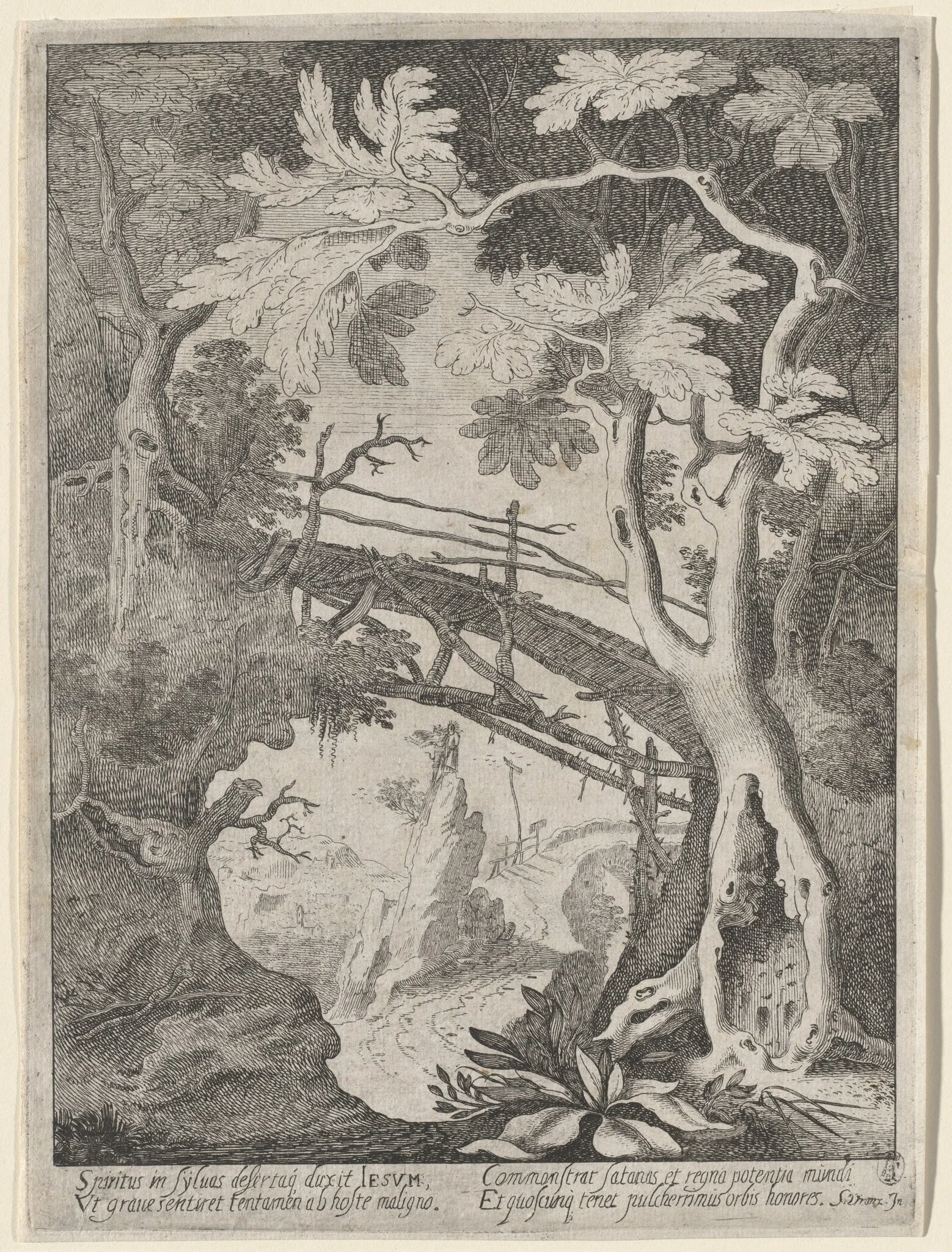 A Rocky Landscape with the Temptation of Christ, by Sebastian Vrancx, ink, 1624