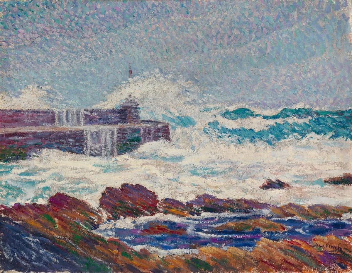 Rosehearty pier myrskyssä, by Alfred William Finch, unspecified