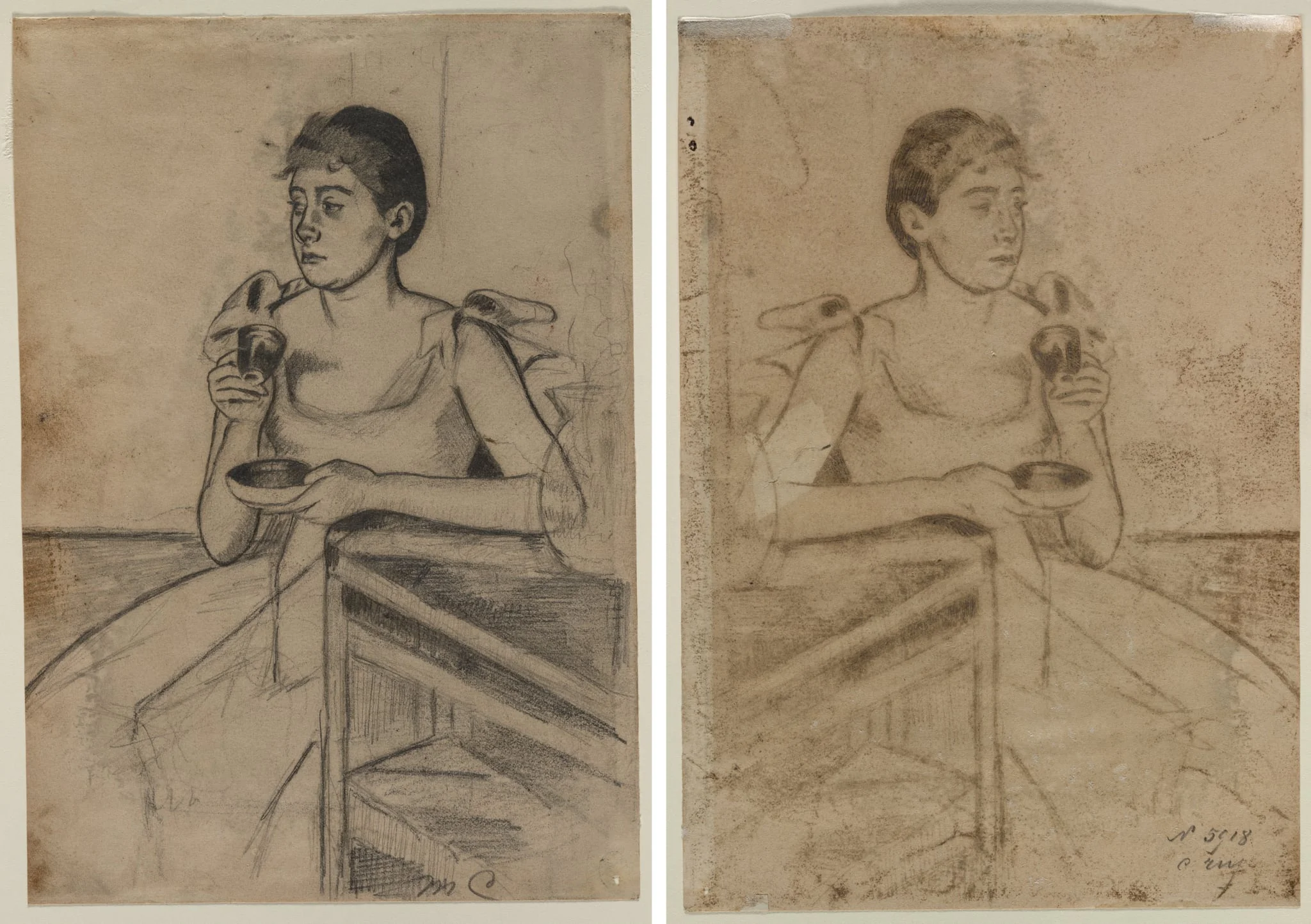 After-Dinner Coffee (recto); After-Dinner Coffee (verso), by Mary Cassatt, 1889