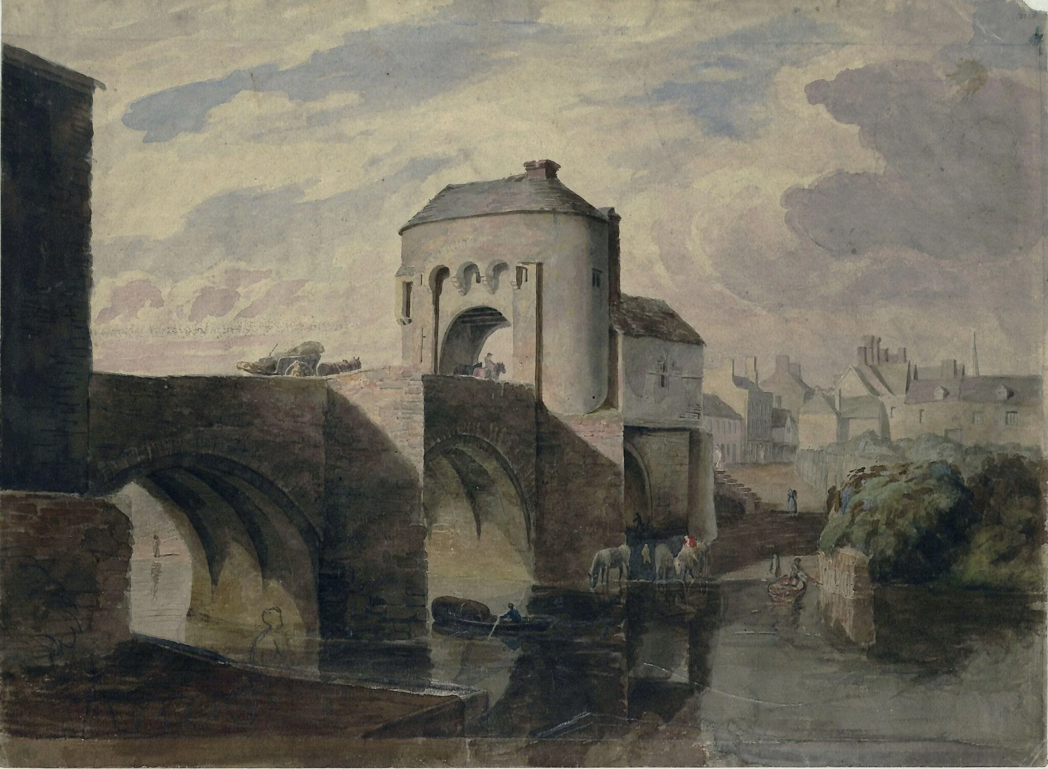 Bridge over the River Monmow, Monmouth, by Cornelius Varley, watercolor, 1802
