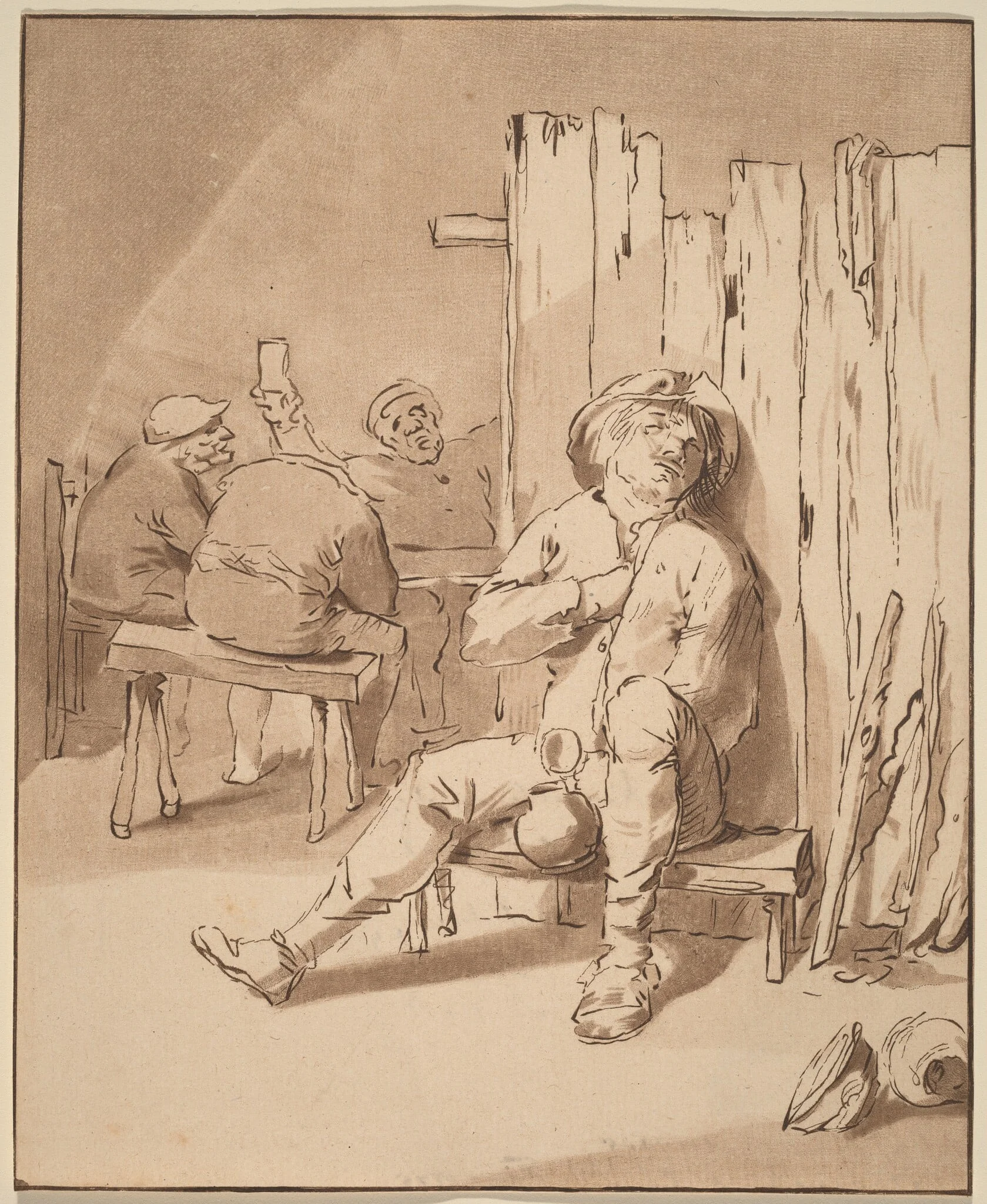 Drunken Peasant at an Inn, by Jacobus Buys, ink, 1775