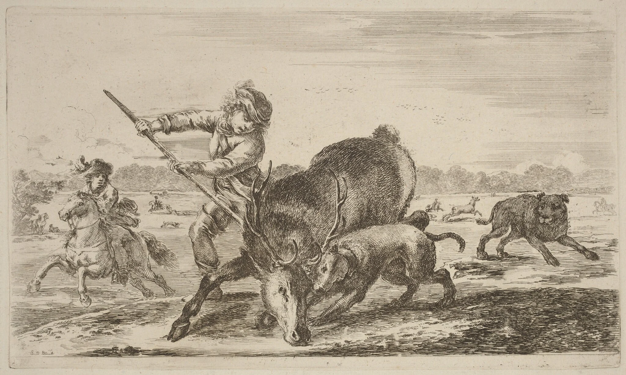 Stag at Bay, by Stefano Della Bella, ink, 1637