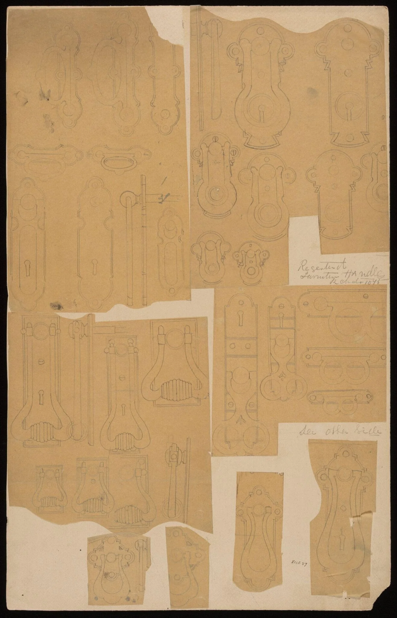 Drawing of furniture handles, by R. Charles, 1875