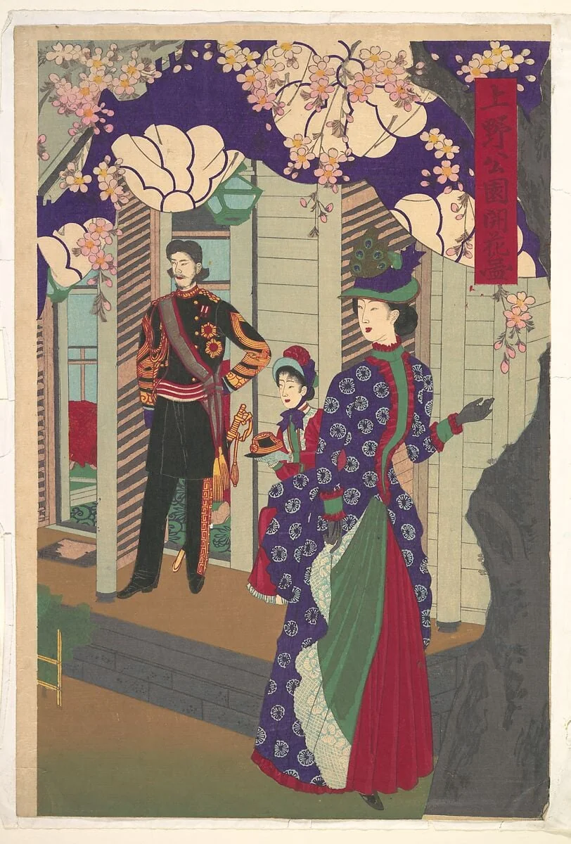 『上野公園開花図』|Blossoming Cherry Trees in Ueno Park  (Ueno kōen kaika zu), by Yōshū (Hashimoto) Chikanobu, ink, 1888