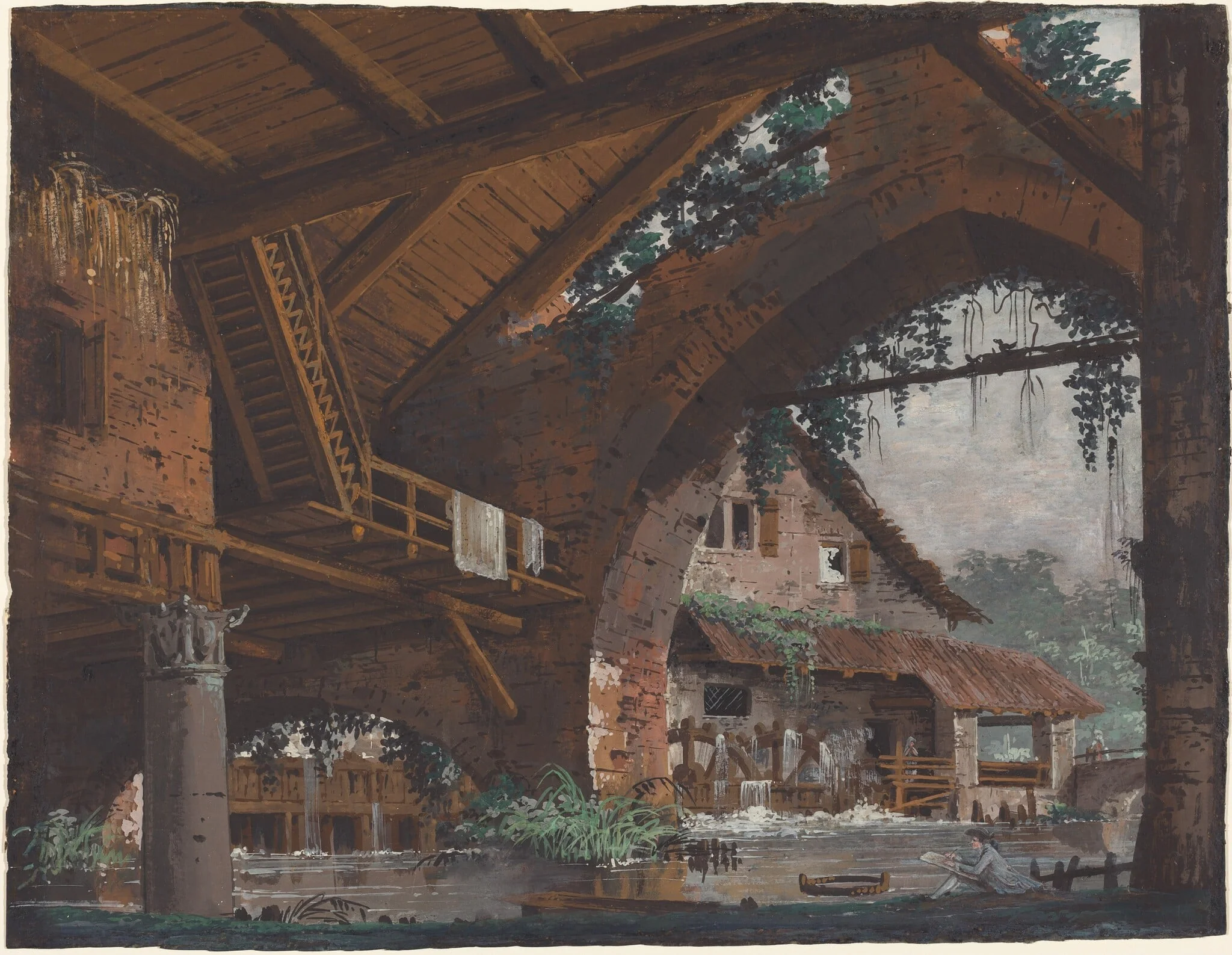 Architectural Fantasy of Antique Ruins with a Watermill, by Caspar Wolf, gouache, 1764