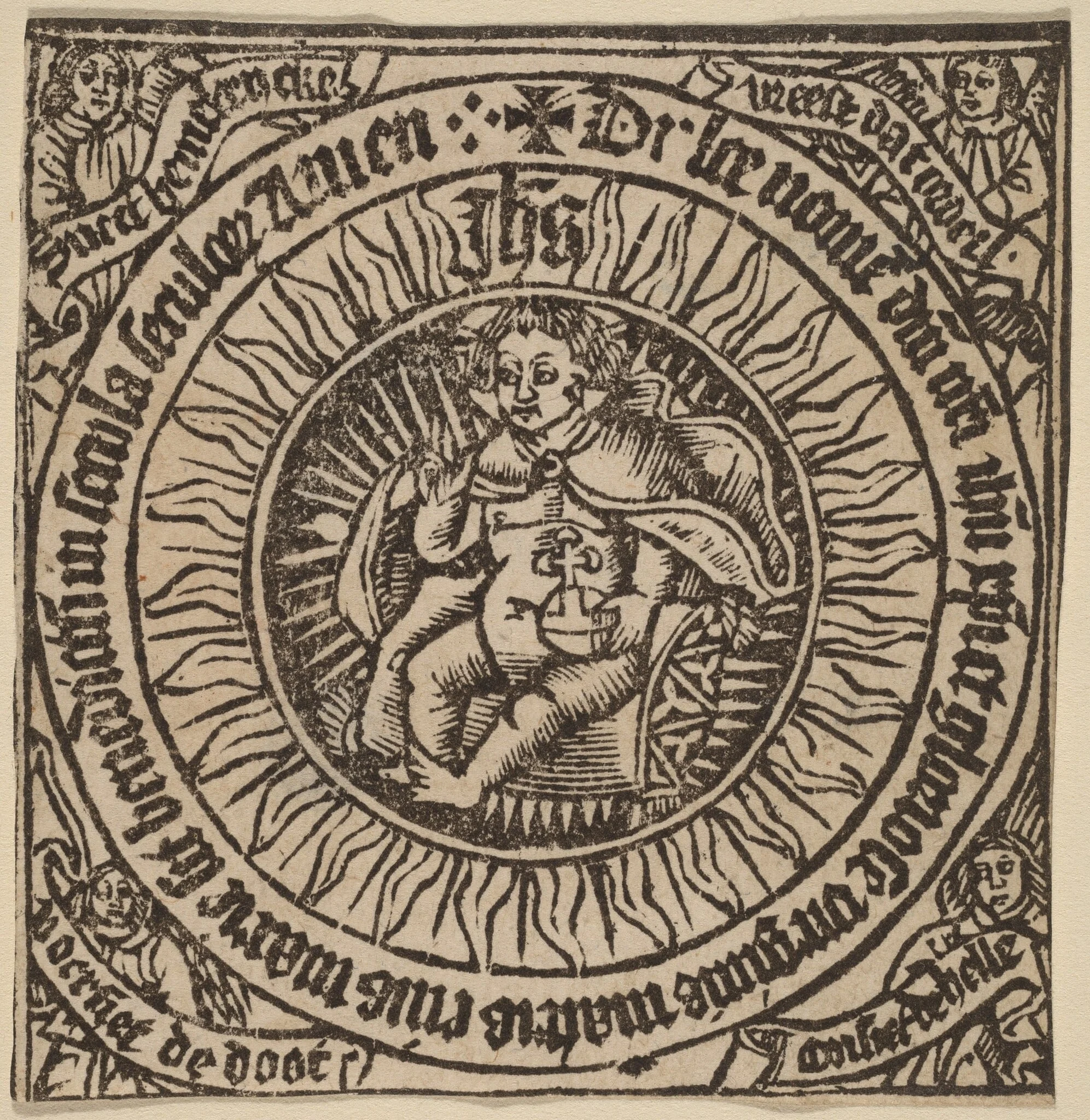 Divine Infant with the Globe in a Circle  with Four Angels, by Netherlandish 15th Century, ink, 1500