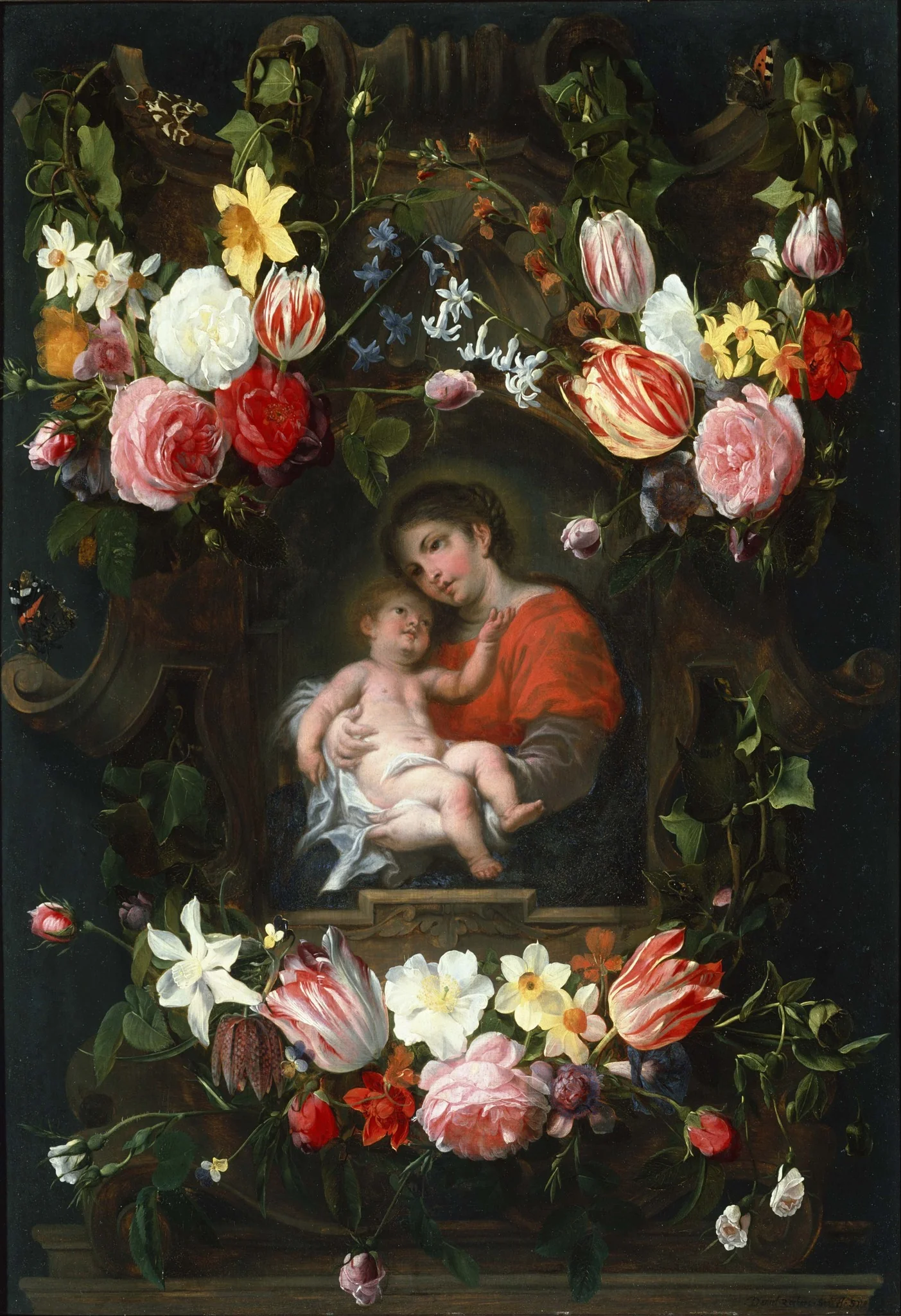 Garland of Flowers with Madonna and Child, by Daniel Seghers, oil, 1624