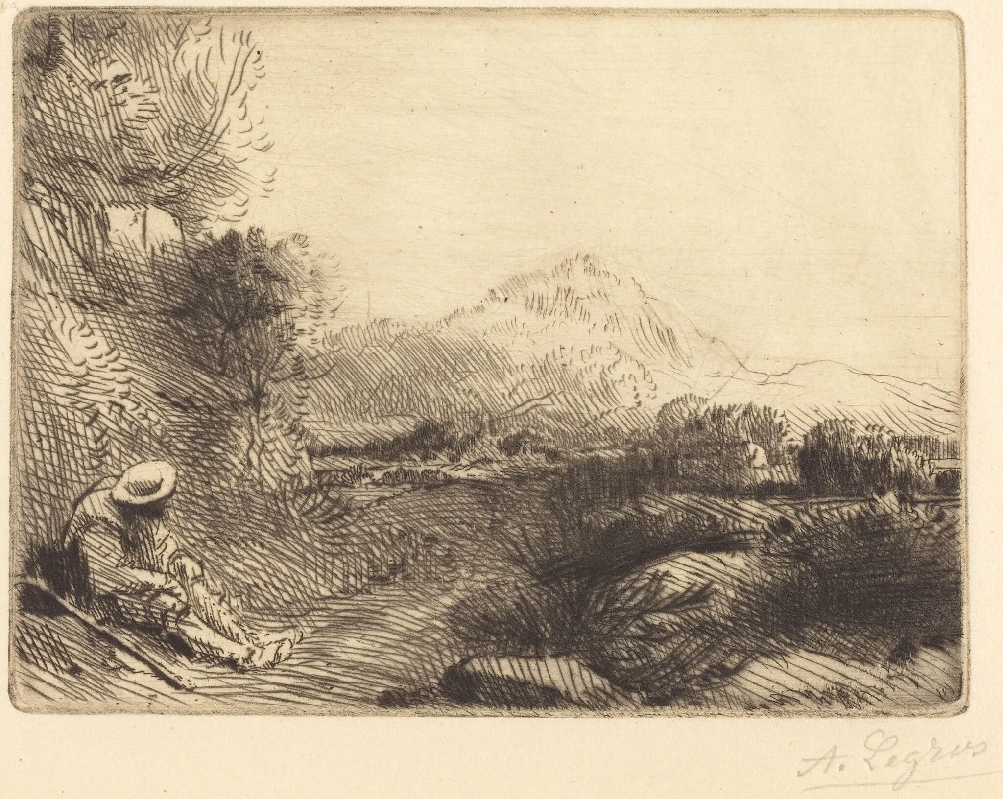 Traveler Resting (Repos du voyageur), by Alphonse Legros, ink, 1874
