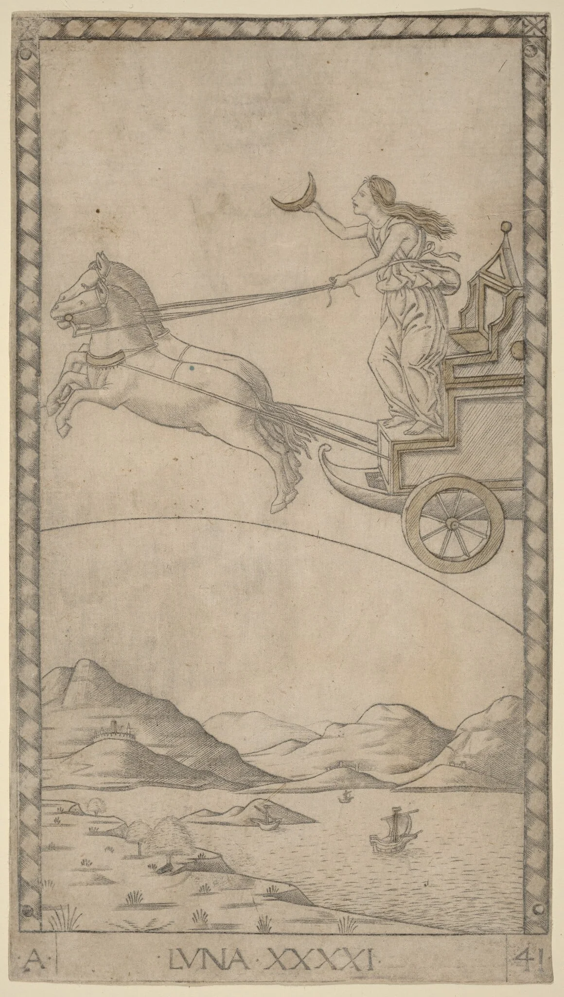 Luna (Moon), by Master of the E-Series Tarocchi, ink, 1465