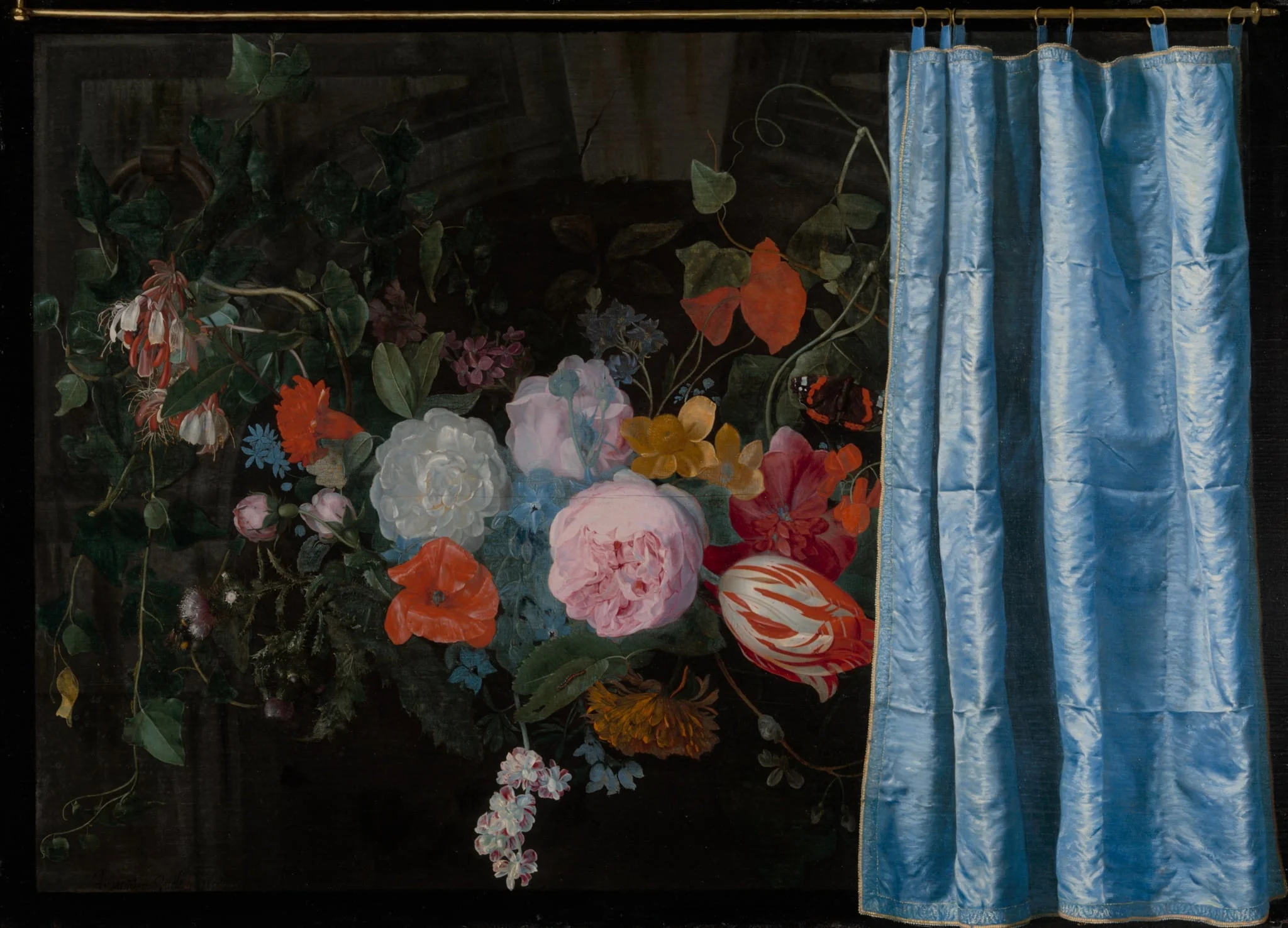 Trompe-l'Oeil Still Life with a Flower Garland and a Curtain, by Adriaen van der Spelt, oil, 1658