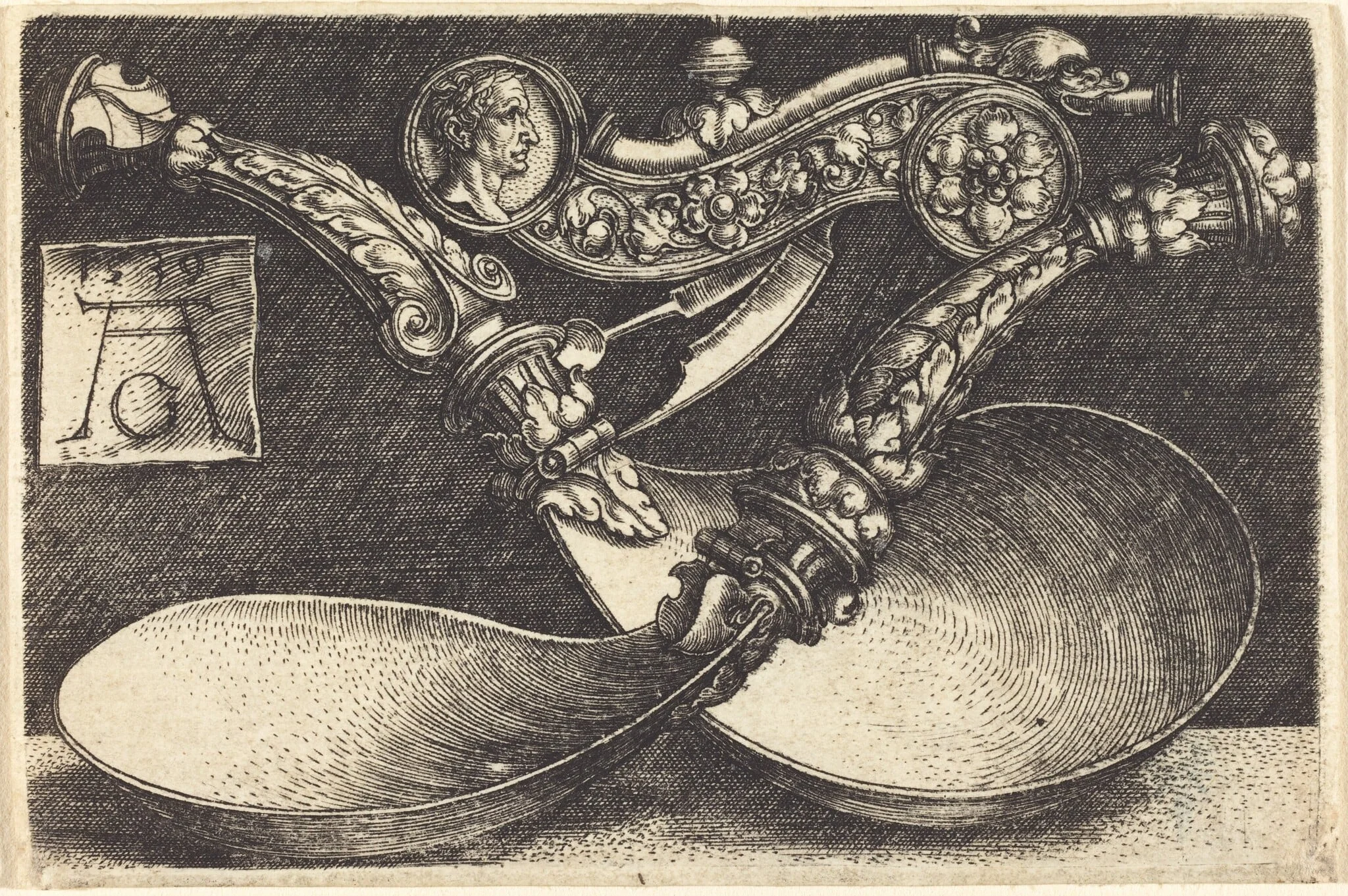 Designs for Two Spoons and a Dog Whistle, by Heinrich Aldegrever, ink, 1539