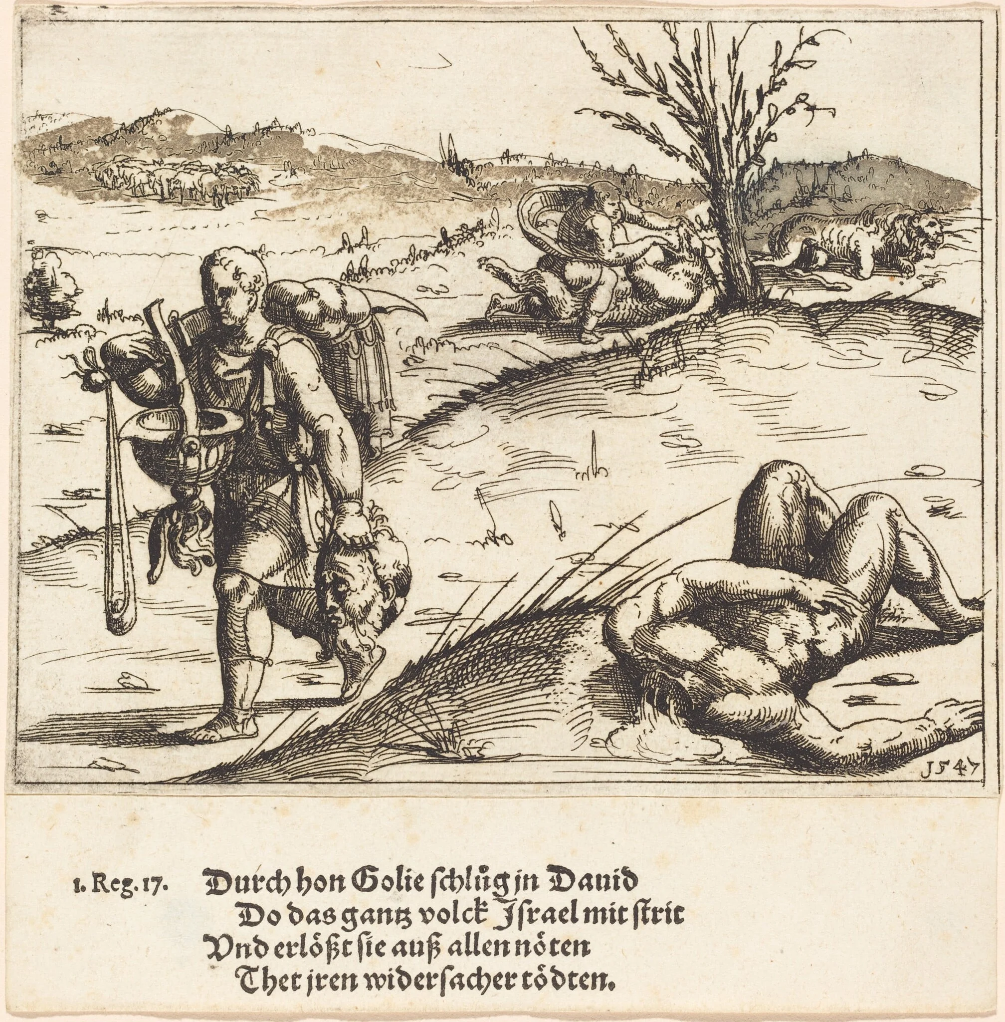 David Beheads Goliath, by Augustin Hirschvogel, ink, 1547