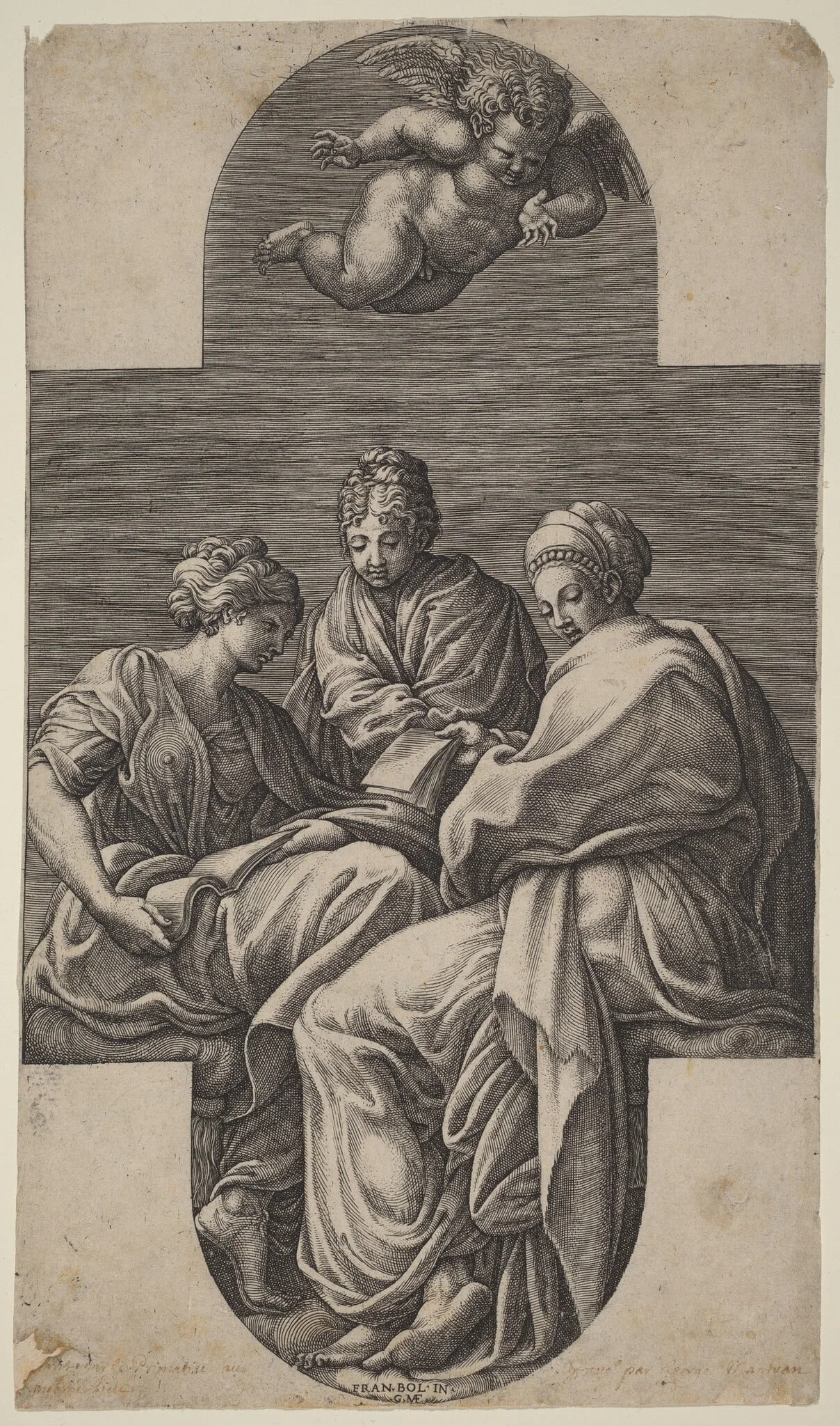 Three Muses and a Gesturing Putto, by Giorgio Ghisi, ink, 1564