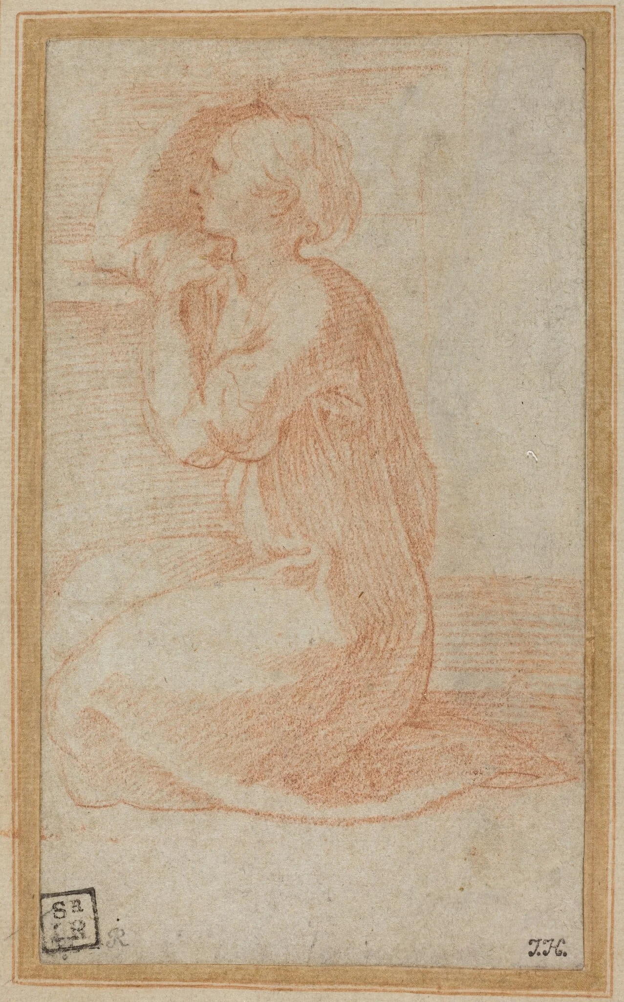 Kneeling Woman Lifting Her Hand to Her Head, by Parmigianino, chalk, 1531