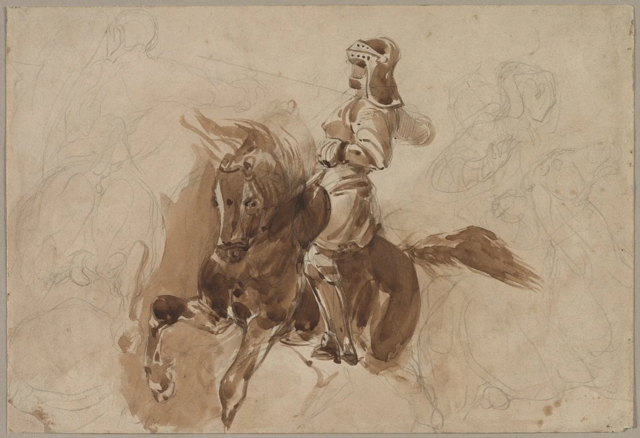 Armored Figure on Horseback (recto), by Eugène Delacroix, 1828
