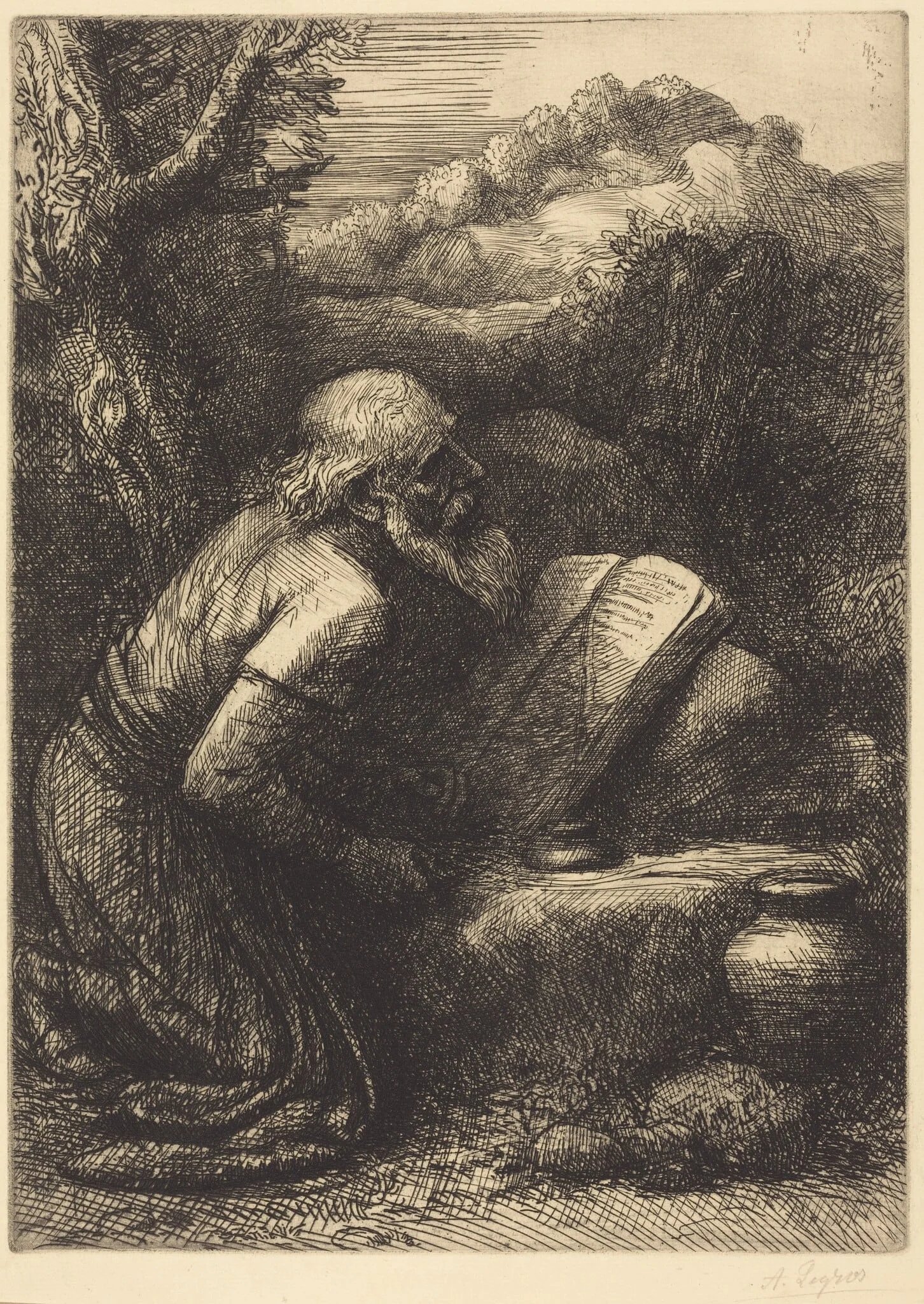 Saint Jerome, 2nd plate, by Alphonse Legros, ink, 1874