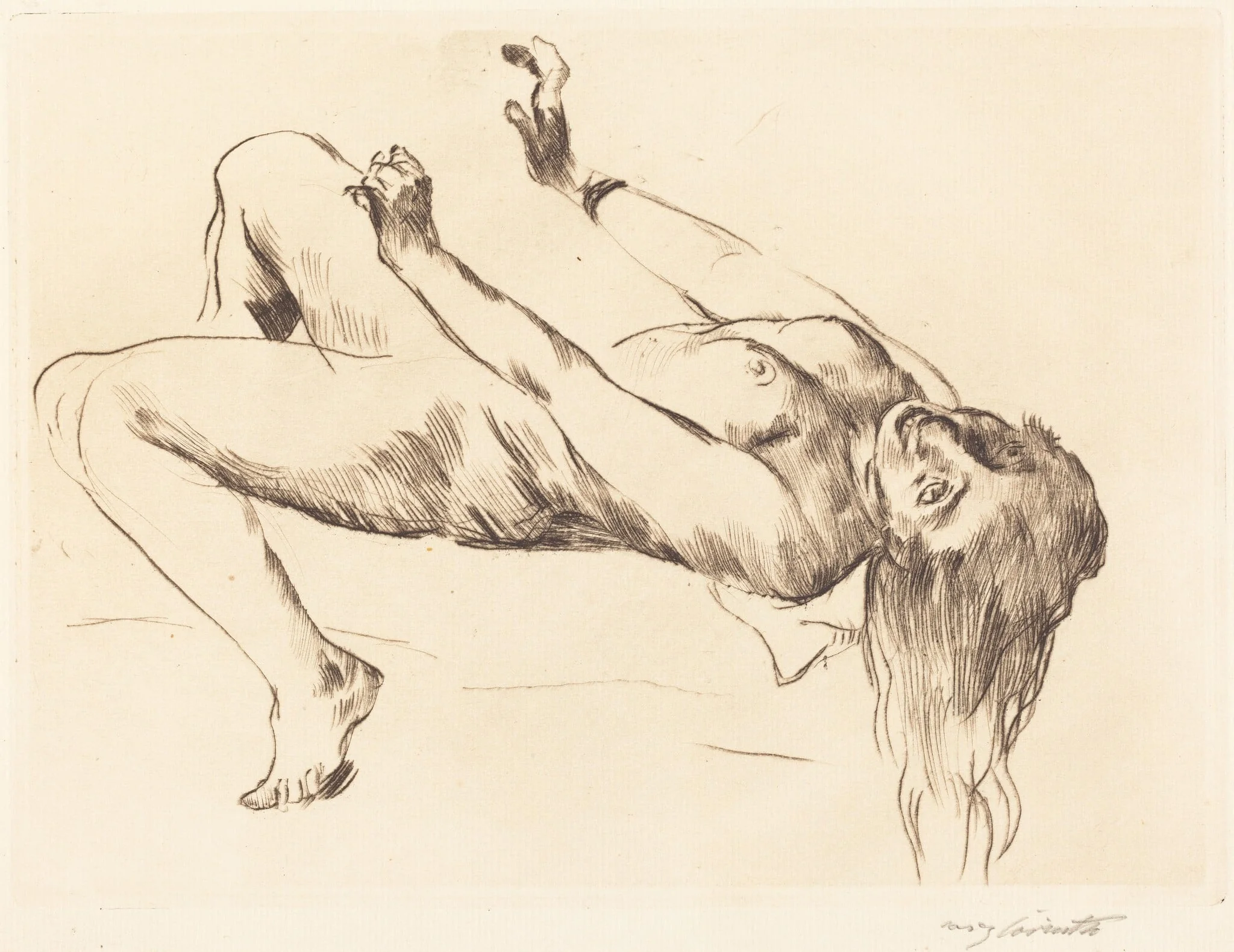 Liegender Weiblicher Akt.—Studie zu "Joseph und Potiphar" (Reclining Female Nude—Study for "Joseph and Potiphar's Wife"), by Lovis Corinth, ink, 1915