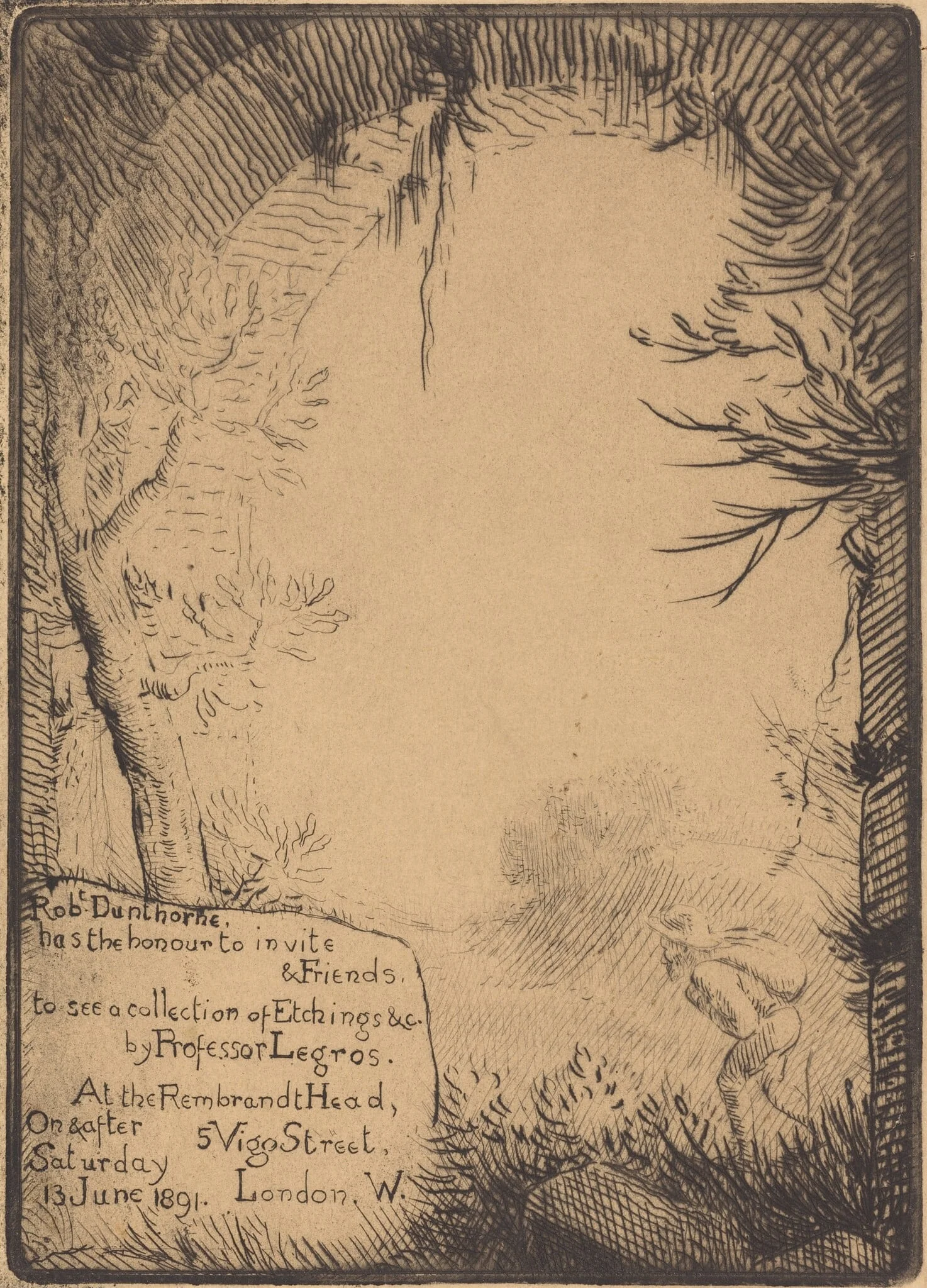 Plate made for an Exhibition at the  Dunthorne Home (Planche faite pour une exposition chez Dunthorne), by Alphonse Legros, ink, 1874