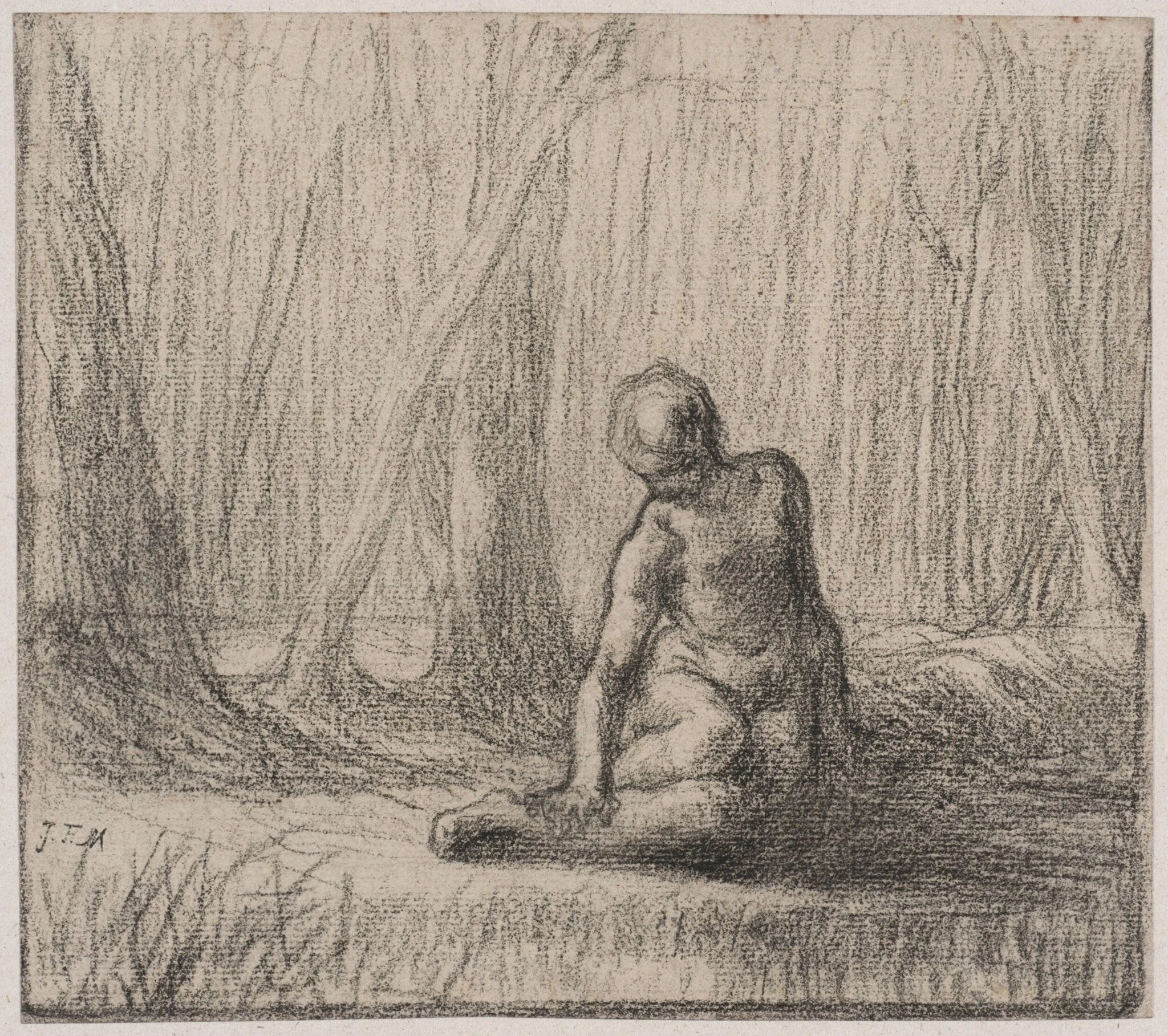 Female nude in a forest landscape, by Jean François Millet, 1848
