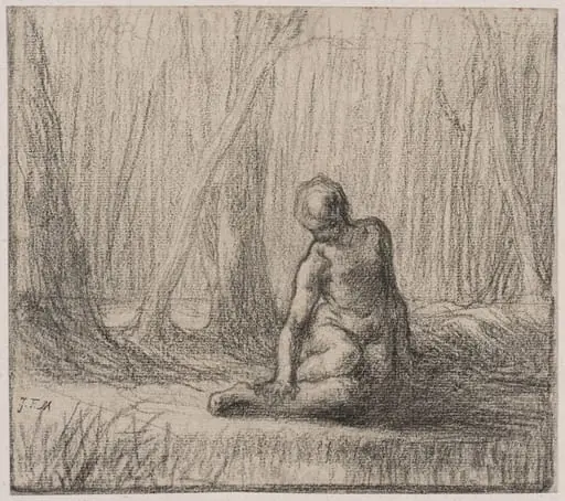 Female nude in a forest landscape