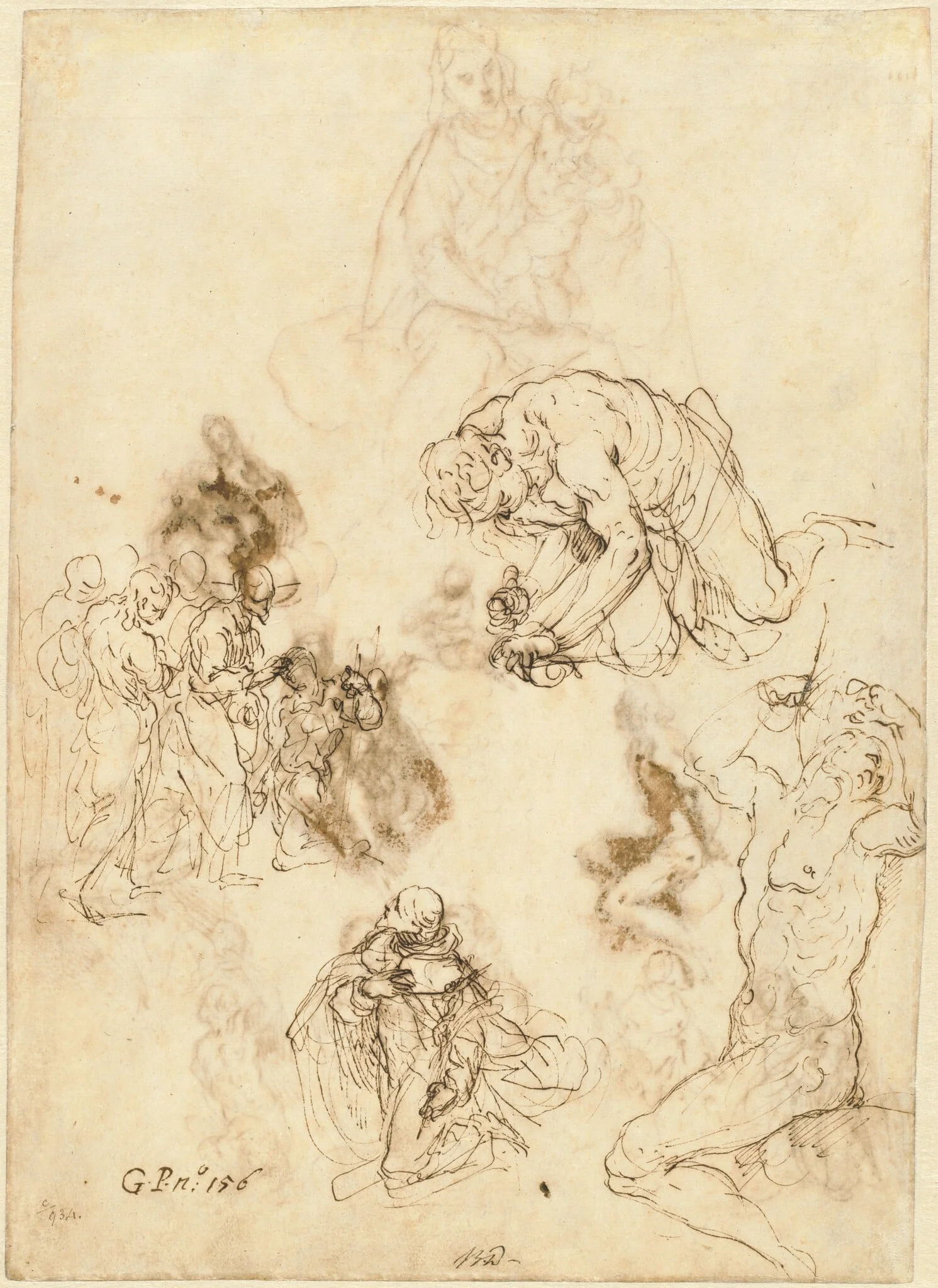 Studies of Christ Healing the Blind Man, Saint Philip Benizzi, and Saint Sebastian, by Jacopo Palma il Giovane, ink, 1611