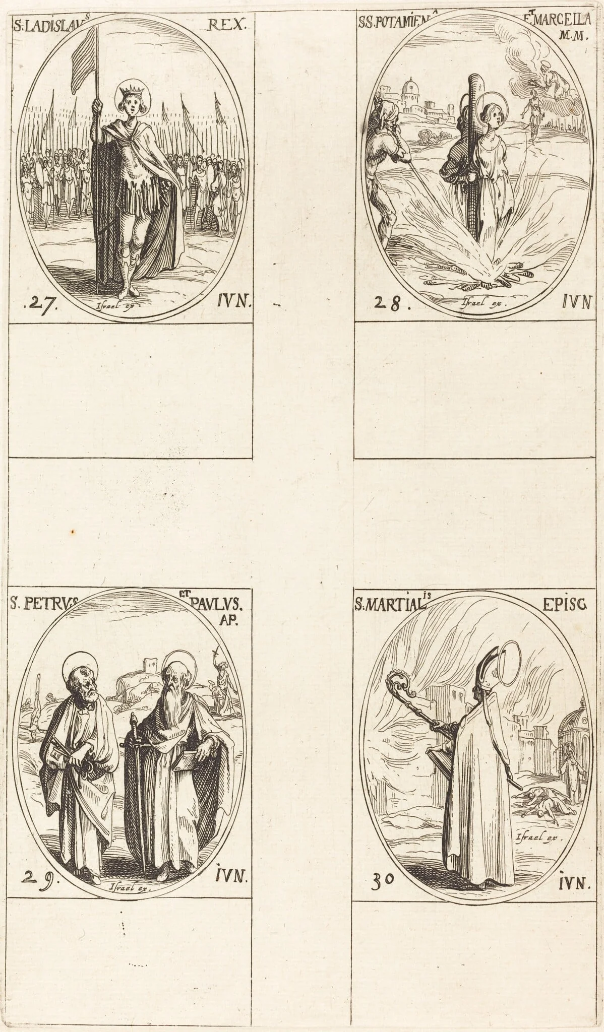 St. Ladislas; Sts. Potamiana and Marcella; Sts. Peter and Paul, Apostles; St. Martial, by Jacques Callot, ink, 1634