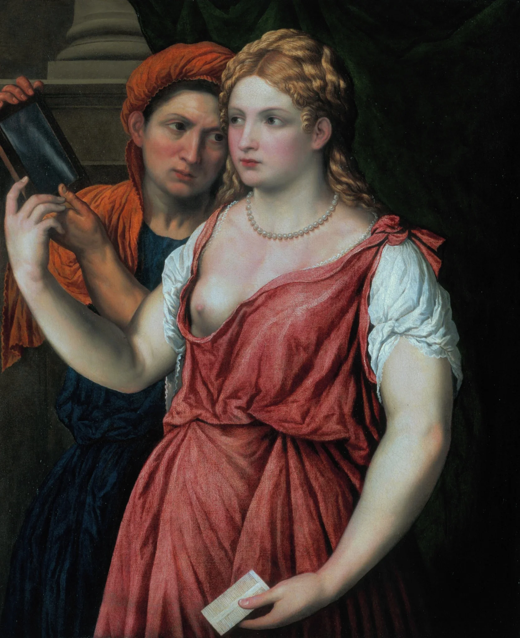 Young Woman Holding a Mirror with Her Servant, by Paris Bordone, oil, 1530