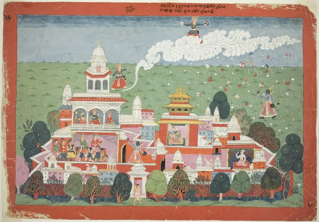 Pradyumna Enters the Palace of the Demon Sambar and Challenges him to Battle, page from a manuscript of the Bhagavata Purana