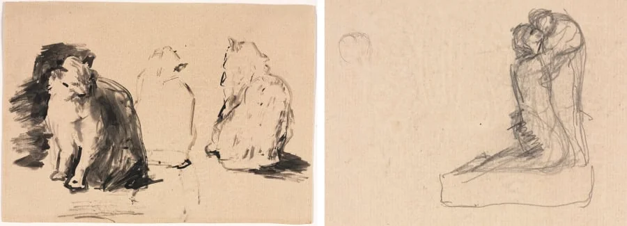Cats (recto); Sketch of Two Figures Embracing (verso), by Augustin Théodule Ribot, 1867