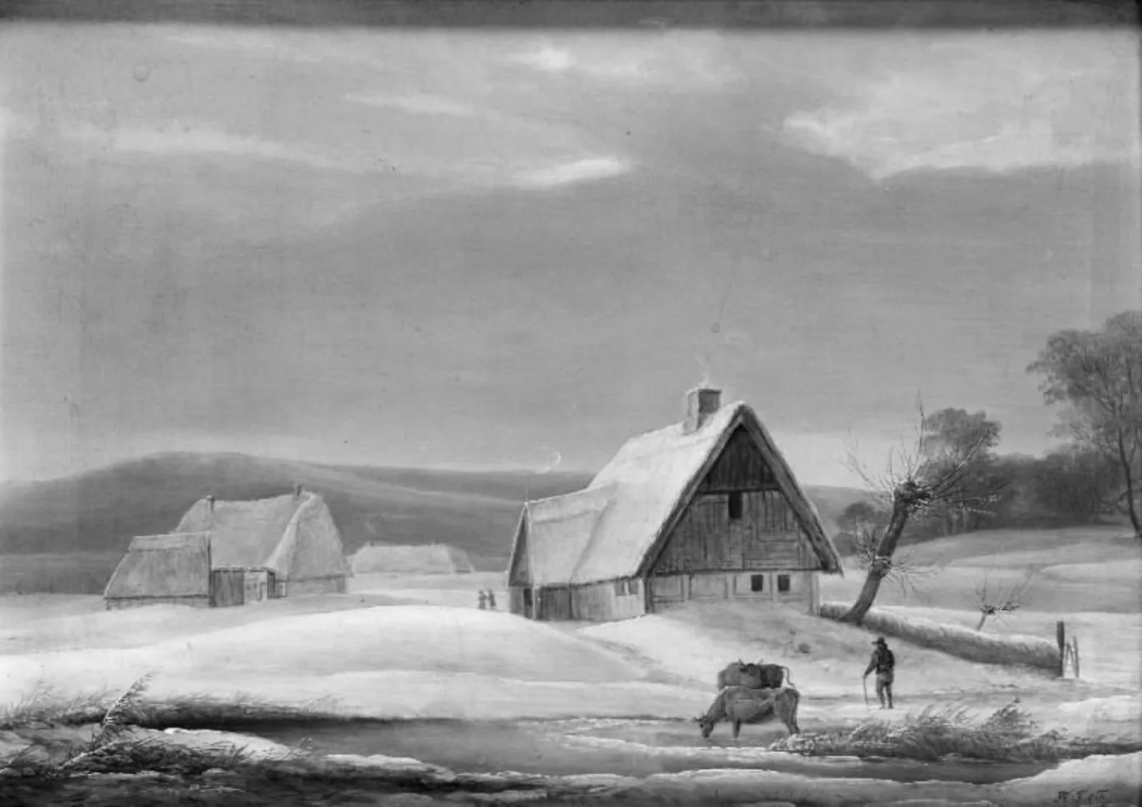 Vinterlandskab med to gårde ved en tilfrossen å, by Unknown, 1825