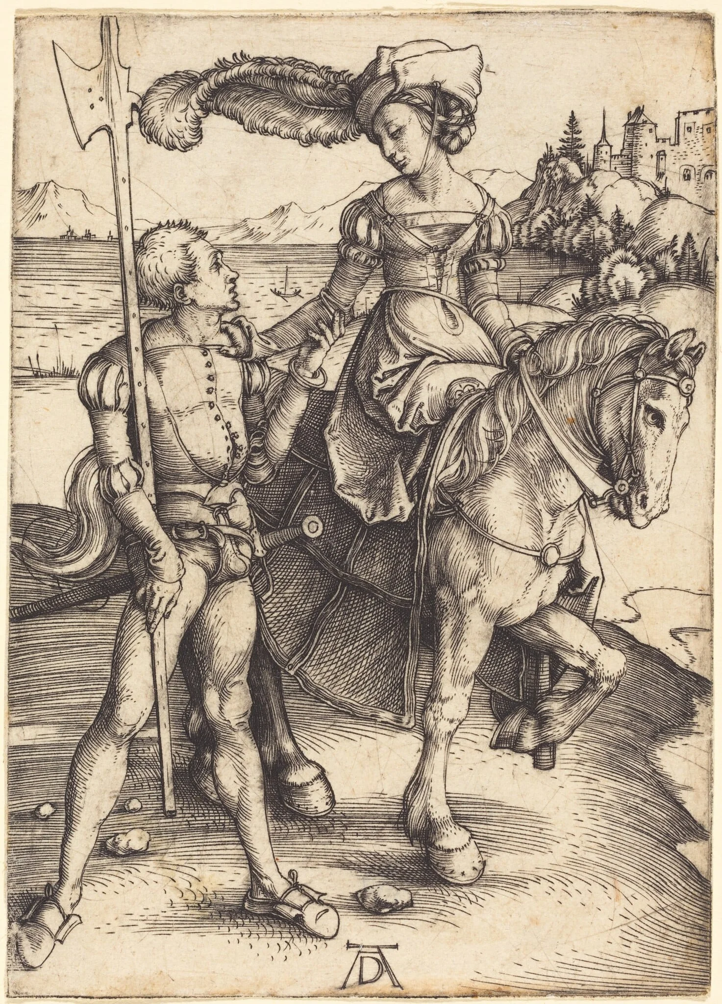 Lady on Horseback and the Lansquenet, by Albrecht Dürer, ink, 1497
