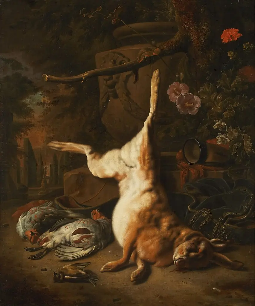 Still-life with dead hare in a park