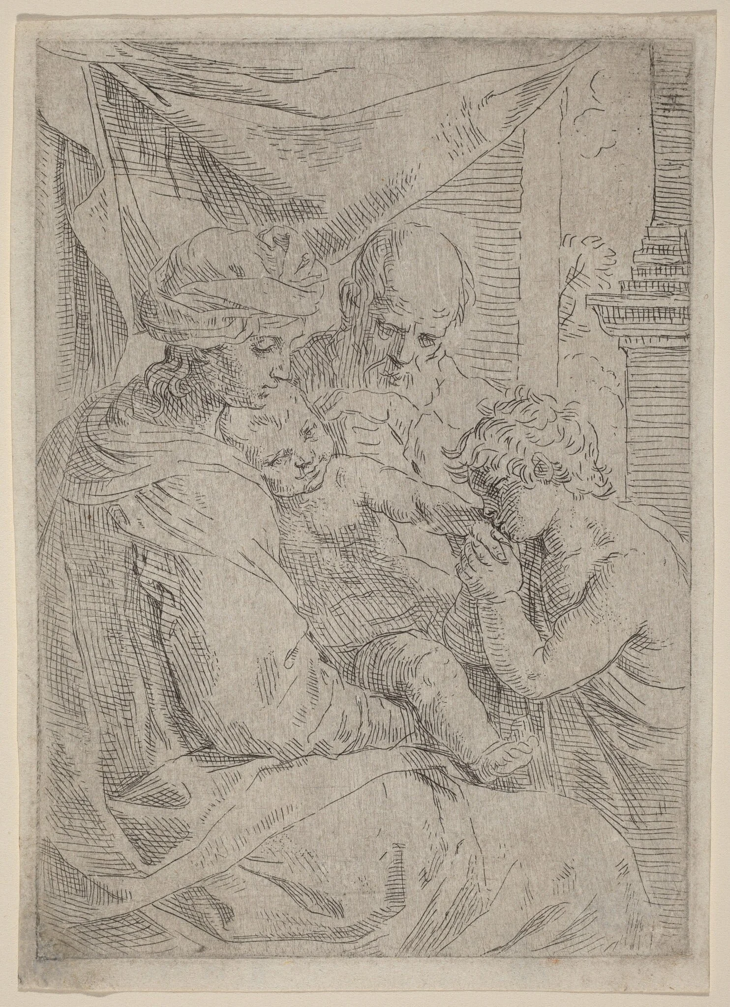 The Virgin and Child with Saint John, by Simone Cantarini, ink, 1630